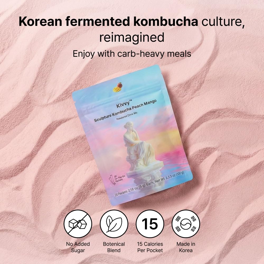 Kivvy Fizzy Probiotics Kombucha Drink – Peach Mango, Lion’s Mane & Lemon Balm | No Added Sugar, 5 Calories | 20 Servings