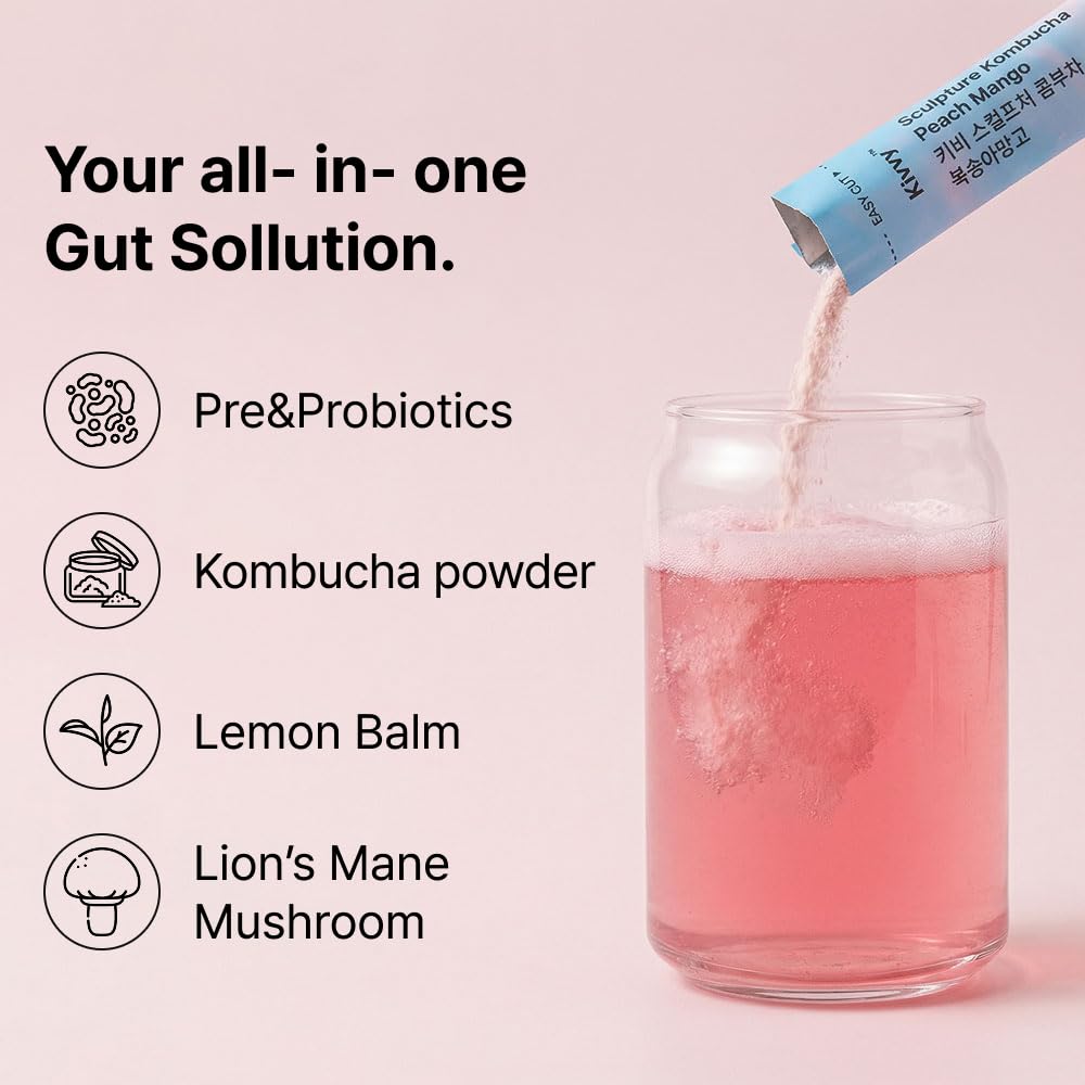 Kivvy Fizzy Probiotics Kombucha Drink – Peach Mango, Lion’s Mane & Lemon Balm | No Added Sugar, 5 Calories | 20 Servings