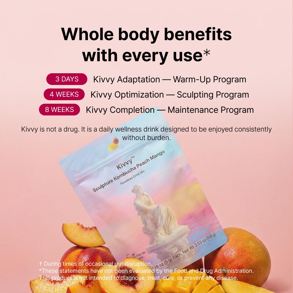 Kivvy Fizzy Probiotics Kombucha Drink – Peach Mango, Lion’s Mane & Lemon Balm | No Added Sugar, 5 Calories | 20 Servings