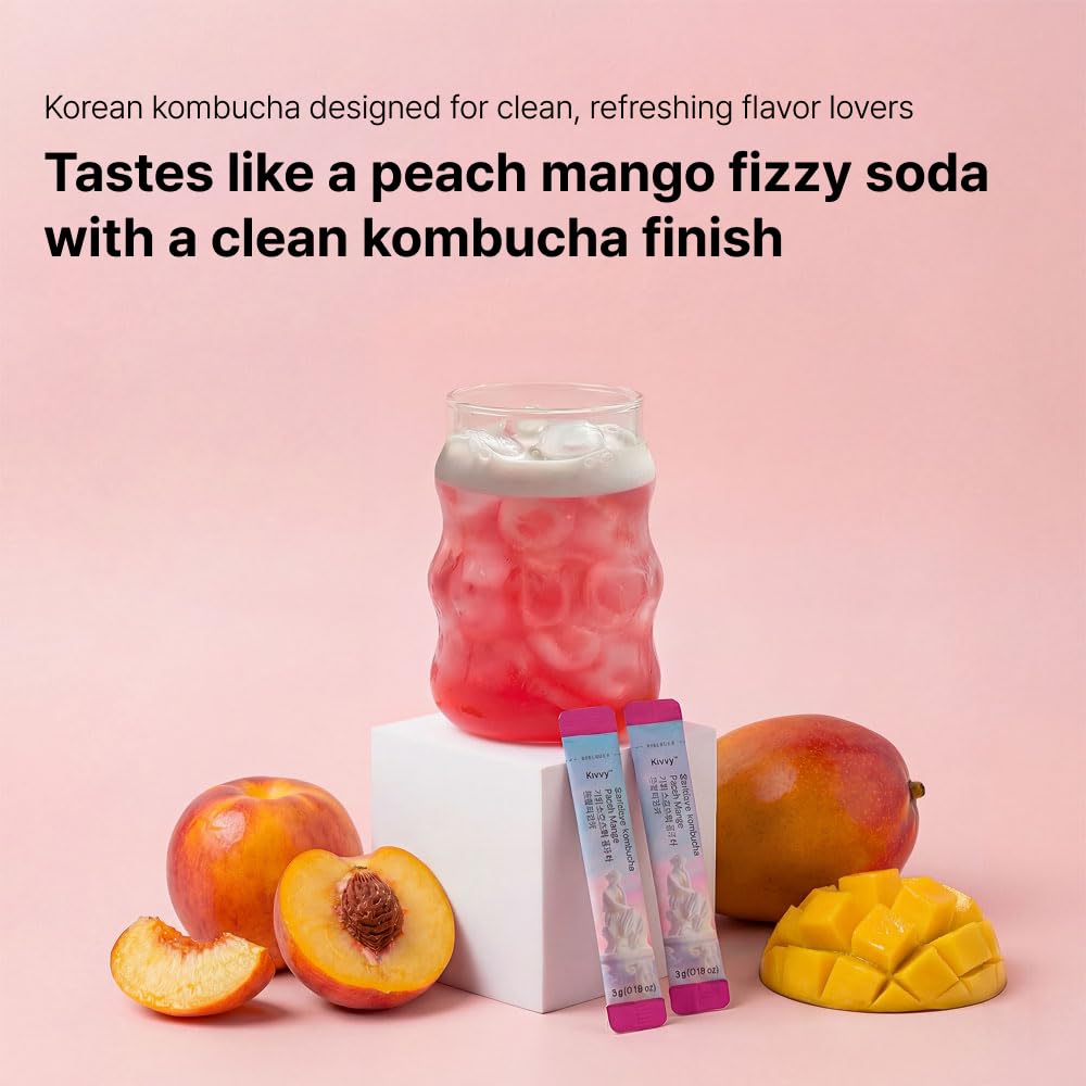 Kivvy Fizzy Probiotics Kombucha Drink – Peach Mango, Lion’s Mane & Lemon Balm | No Added Sugar, 5 Calories | 20 Servings