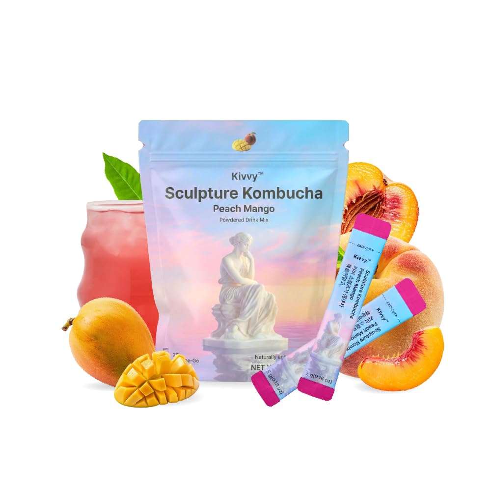 Kivvy Fizzy Probiotics Kombucha Drink – Peach Mango, Lion’s Mane & Lemon Balm | No Added Sugar, 5 Calories | 20 Servings