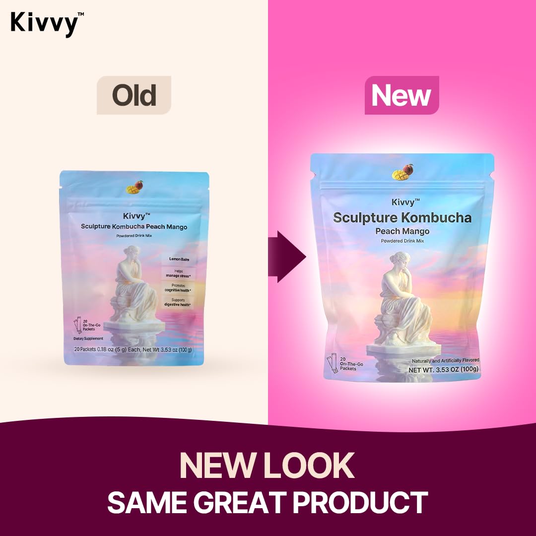 Kivvy Fizzy Probiotics Kombucha Drink – Peach Mango, Lion’s Mane & Lemon Balm | No Added Sugar, 5 Calories | 20 Servings