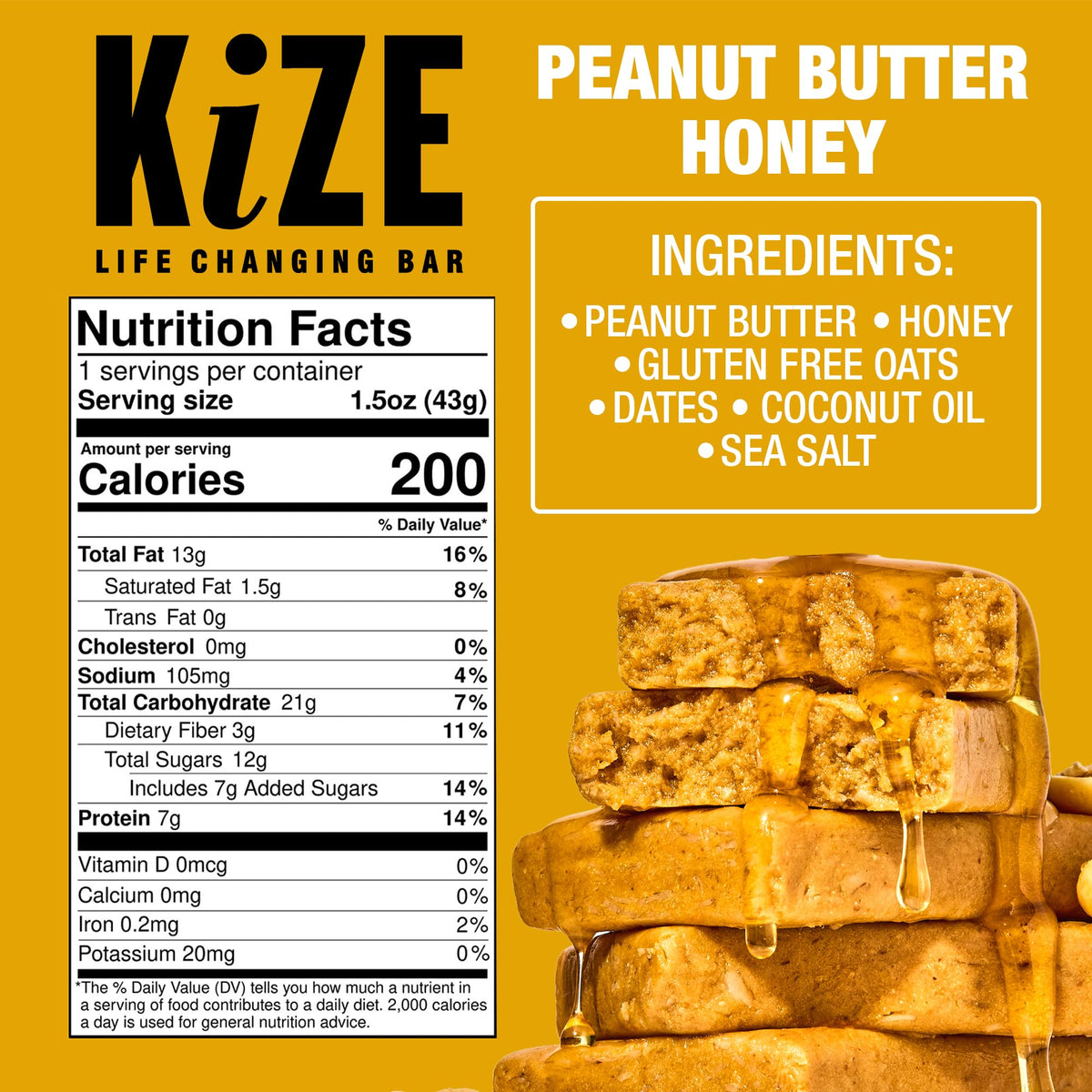 KiZE Peanut Butter Honey Energy Bars – Gluten Free, Non-GMO, 7g Protein, 10 Count