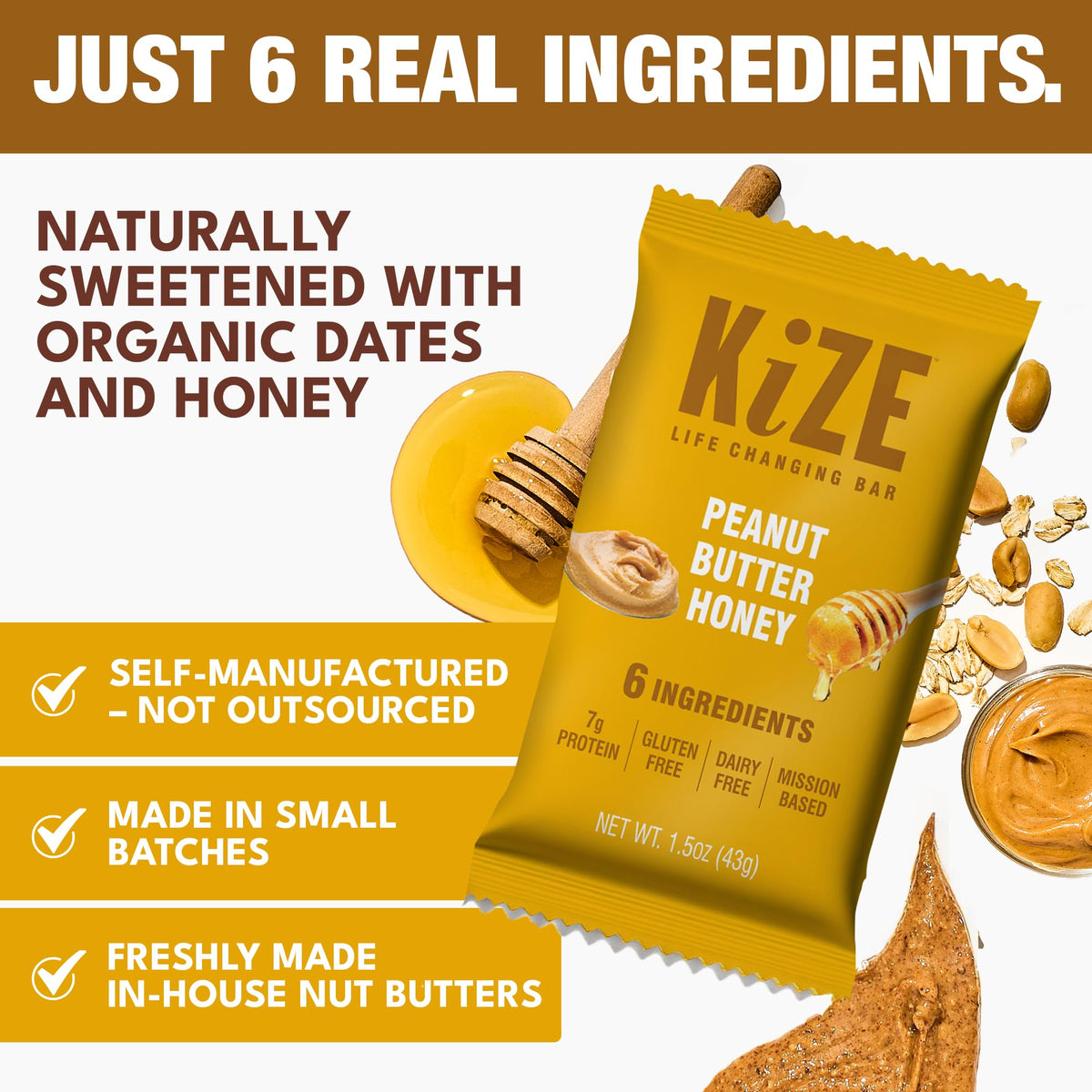 KiZE Peanut Butter Honey Energy Bars – Gluten Free, Non-GMO, 7g Protein, 10 Count