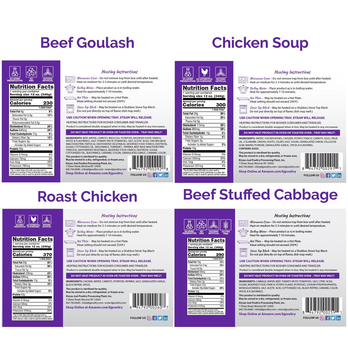 KJ Poultry Kosher for Passover Gluten-Free Meals – 4 Pack Variety: Roast Chicken, Cabbage Rolls, Beef Goulash, Matzah Ball Soup