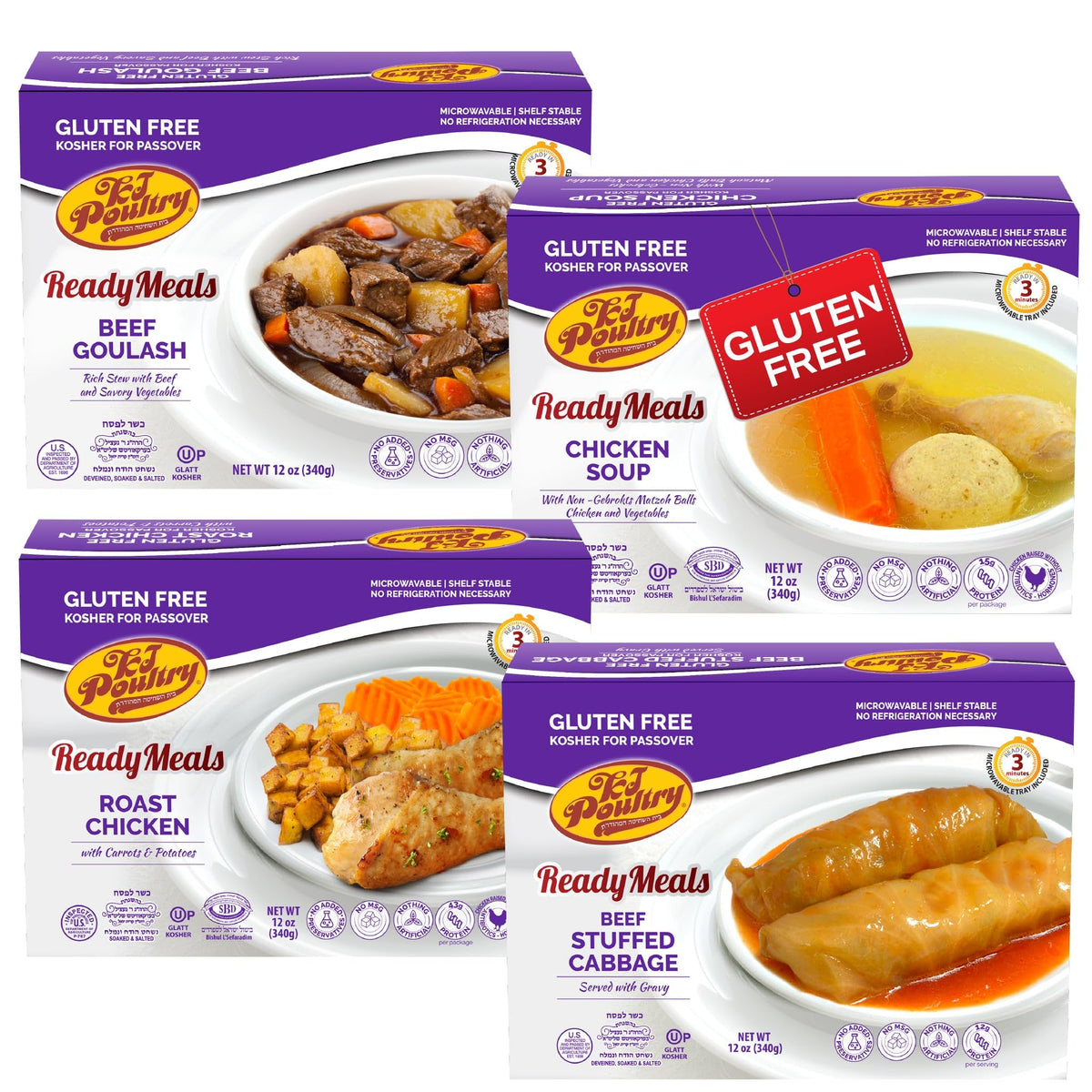 KJ Poultry Kosher for Passover Gluten-Free Meals – 4 Pack Variety: Roast Chicken, Cabbage Rolls, Beef Goulash, Matzah Ball Soup