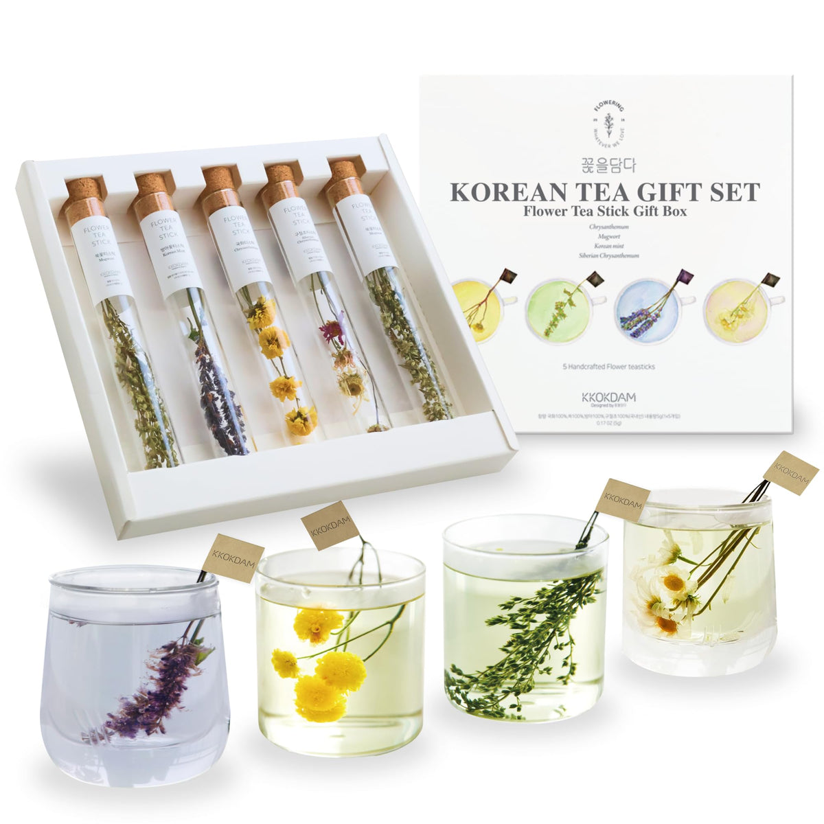 KKOKDAM Premium Flower Tea Sticks Gift Set — 5 Blooming Herbal Teas, Caffeine-Free