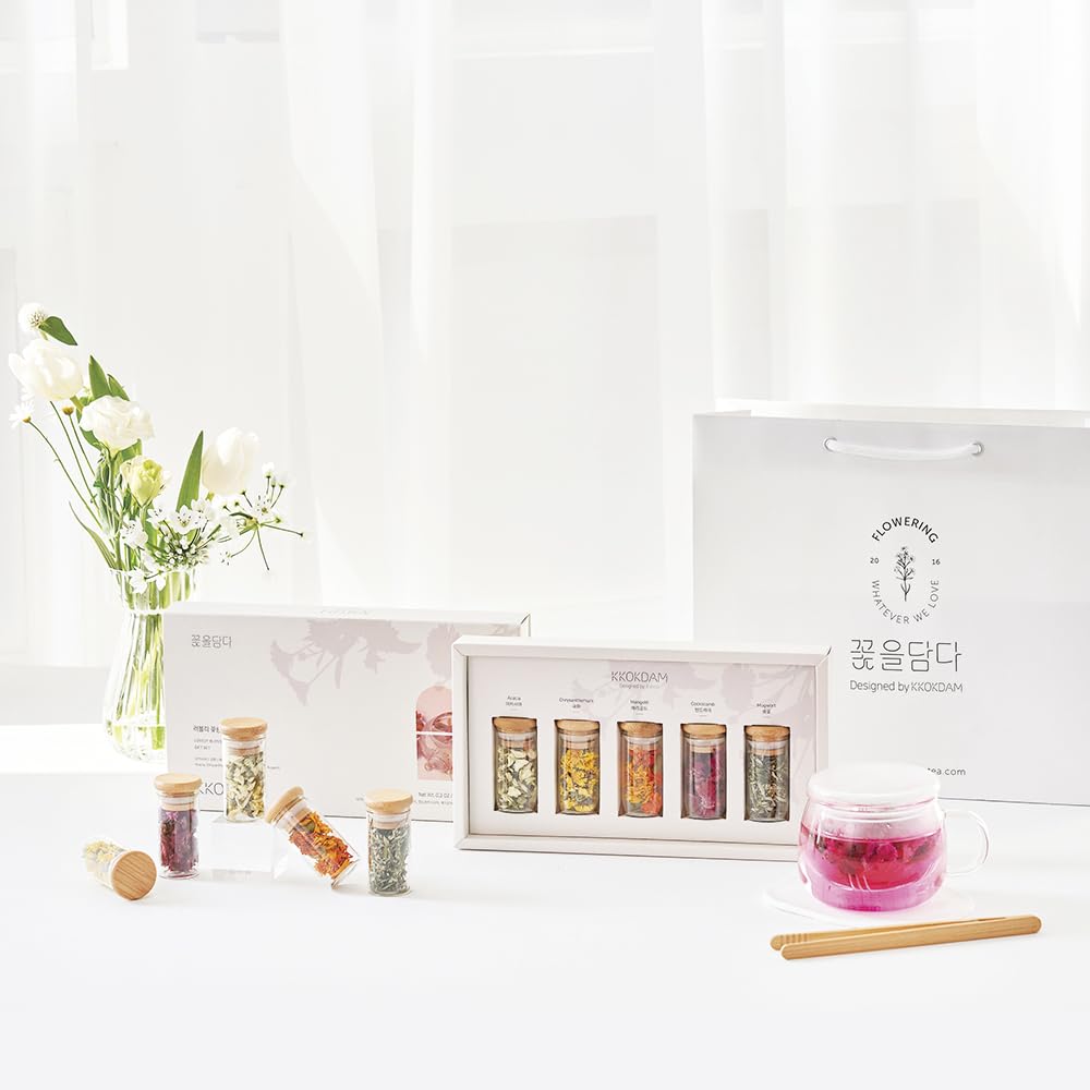 KKOKDAM Lovely Blossom Flower Tea Sampler in Glass Jars — 5 Loose-Leaf Herbal Teas