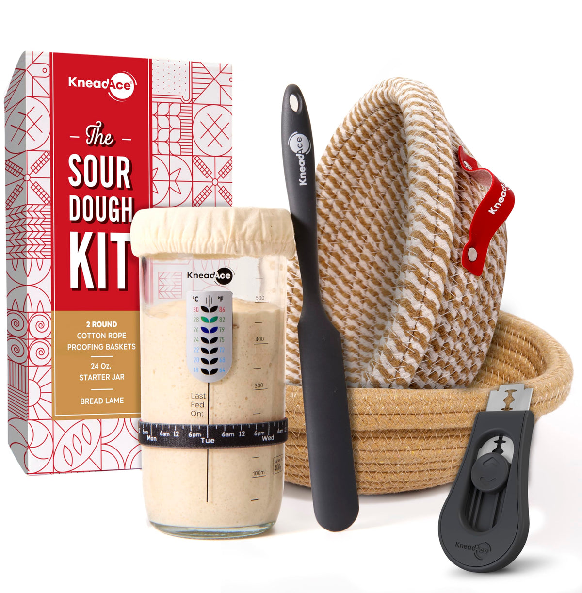 KNEADACE Sourdough Starter Kit — 24oz Jar, 2 Round Cotton Rope Bannetons, Magnetic Bread Lame | Complete Baking Set