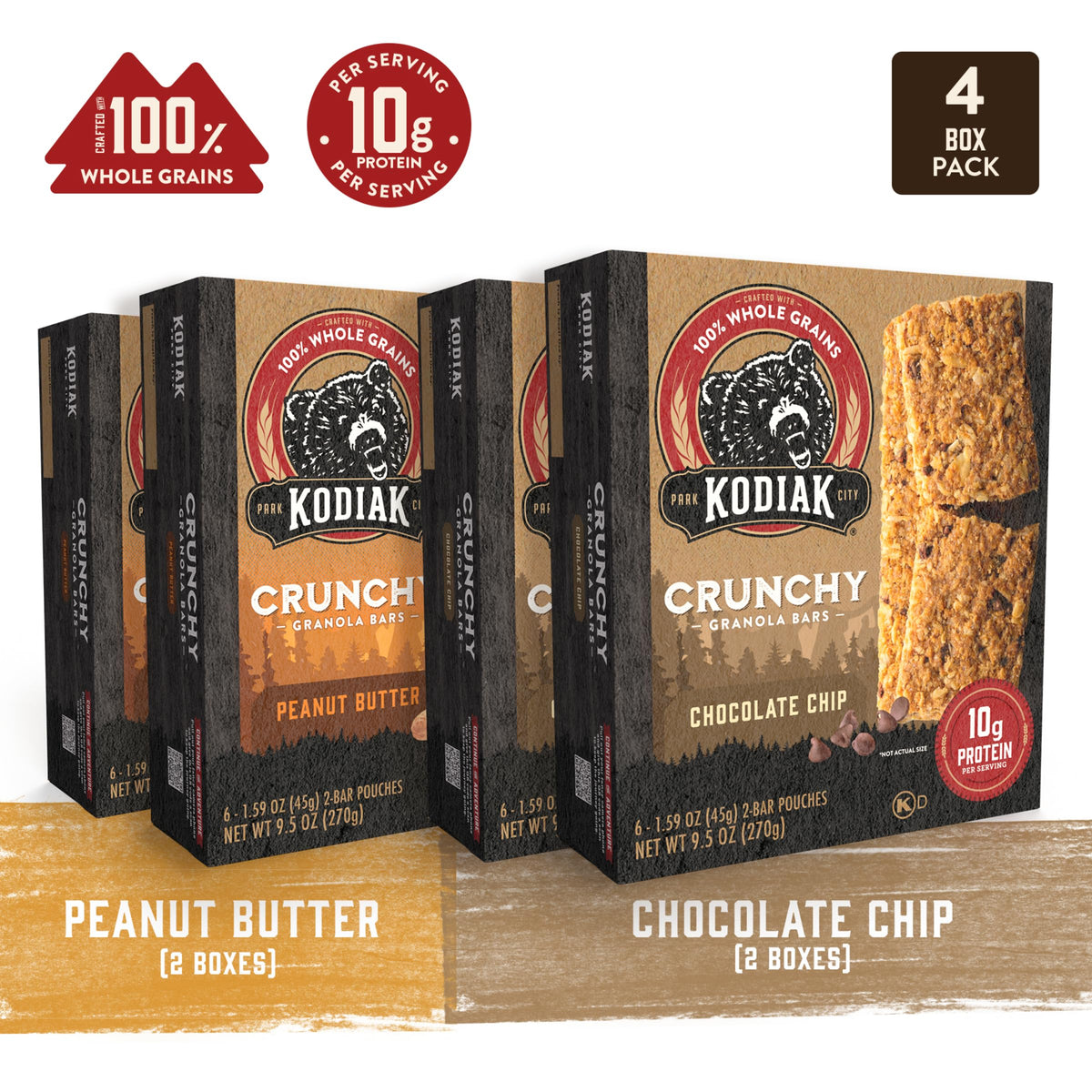 Kodiak Cakes Crunchy Granola Bar Variety Pack – Peanut Butter & Chocolate Chip (10g Protein per Bar) | 24 Pouches