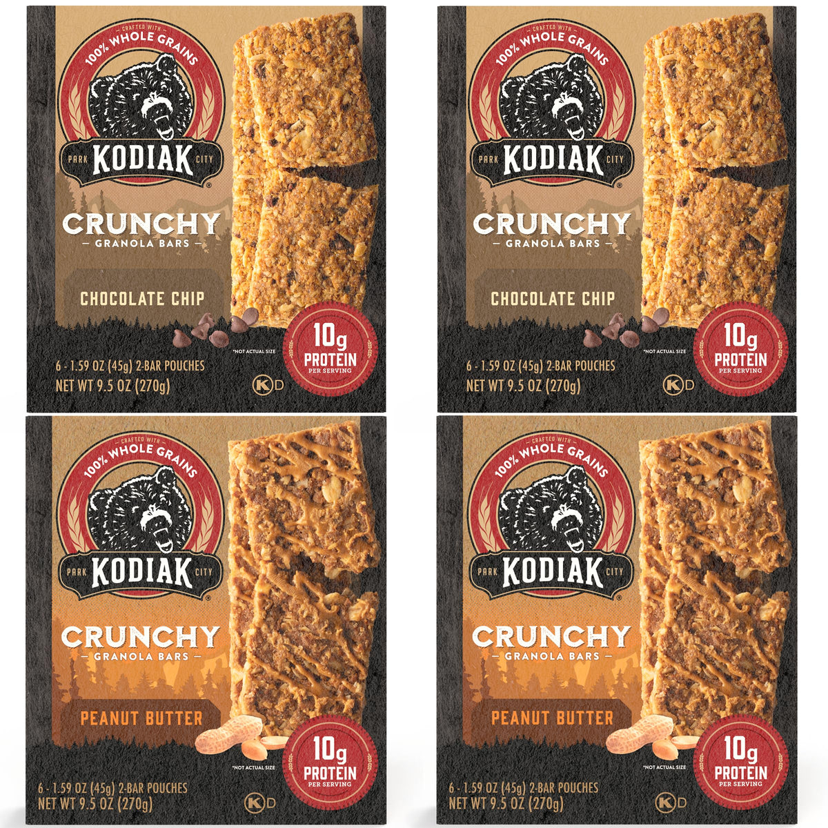 Kodiak Cakes Crunchy Granola Bar Variety Pack – Peanut Butter & Chocolate Chip (10g Protein per Bar) | 24 Pouches