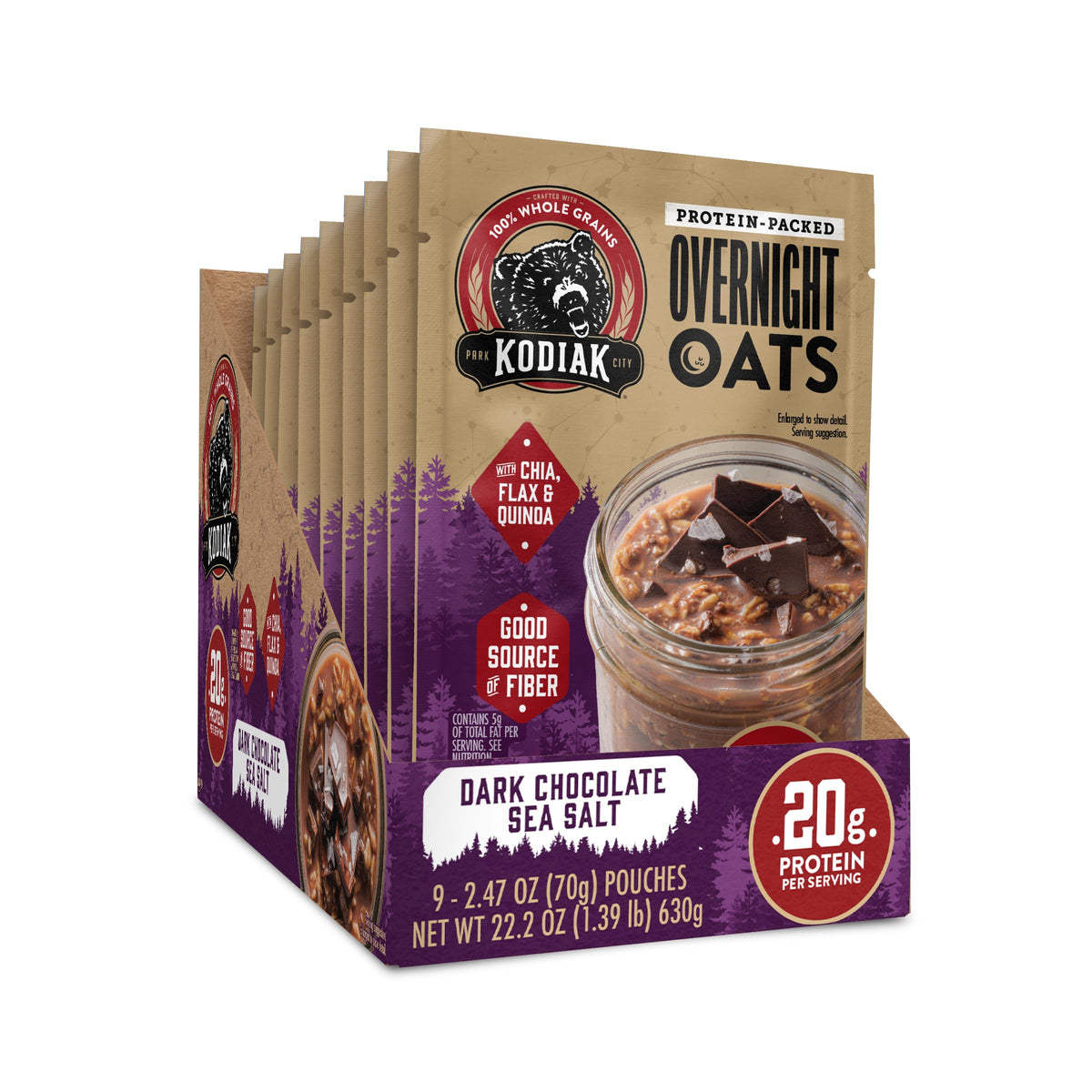 Kodiak Cakes Dark Chocolate Sea Salt Overnight Oats — 20g Protein, High Fiber (Pack of 9 Pouches)