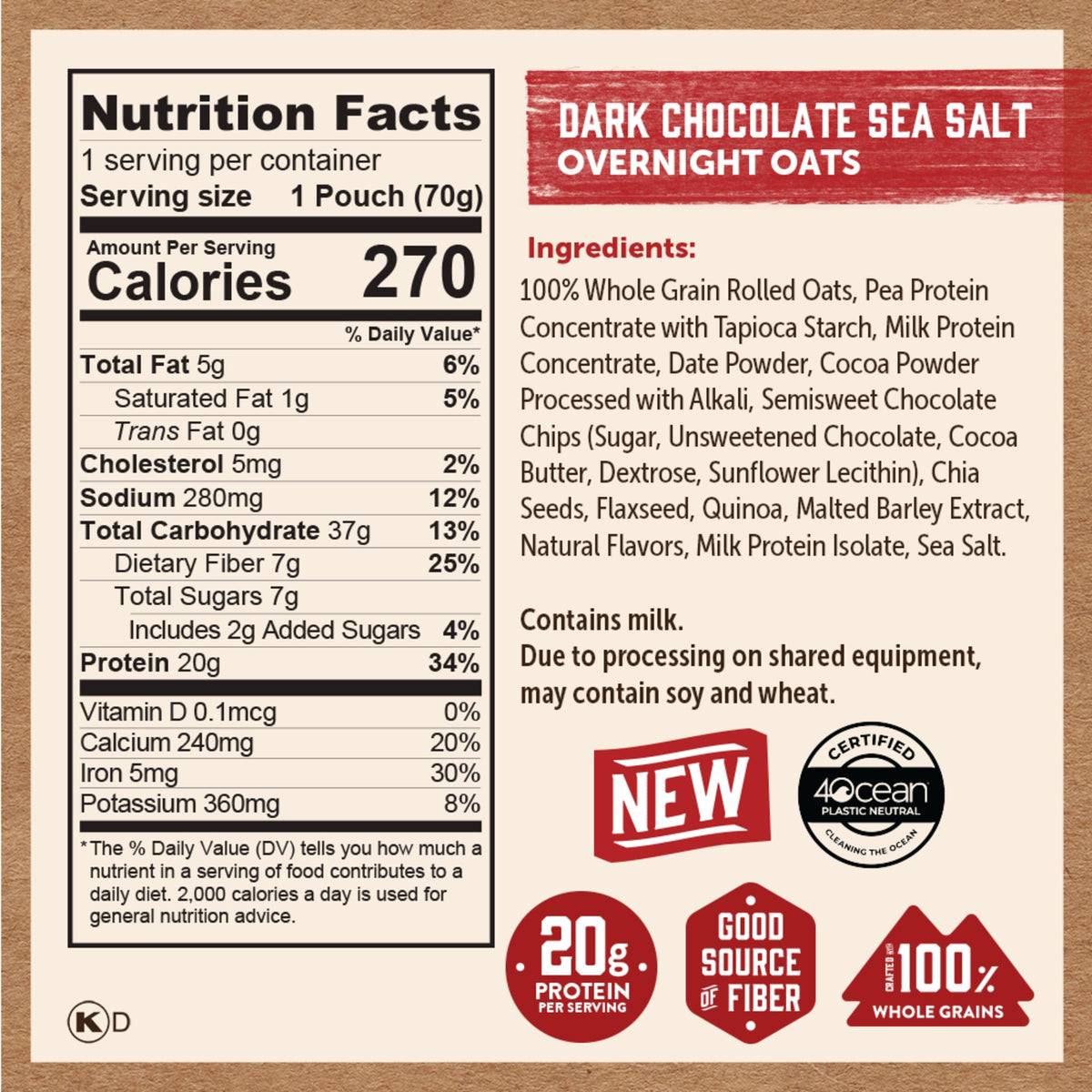 Kodiak Cakes Dark Chocolate Sea Salt Overnight Oats — 20g Protein, High Fiber (Pack of 9 Pouches)