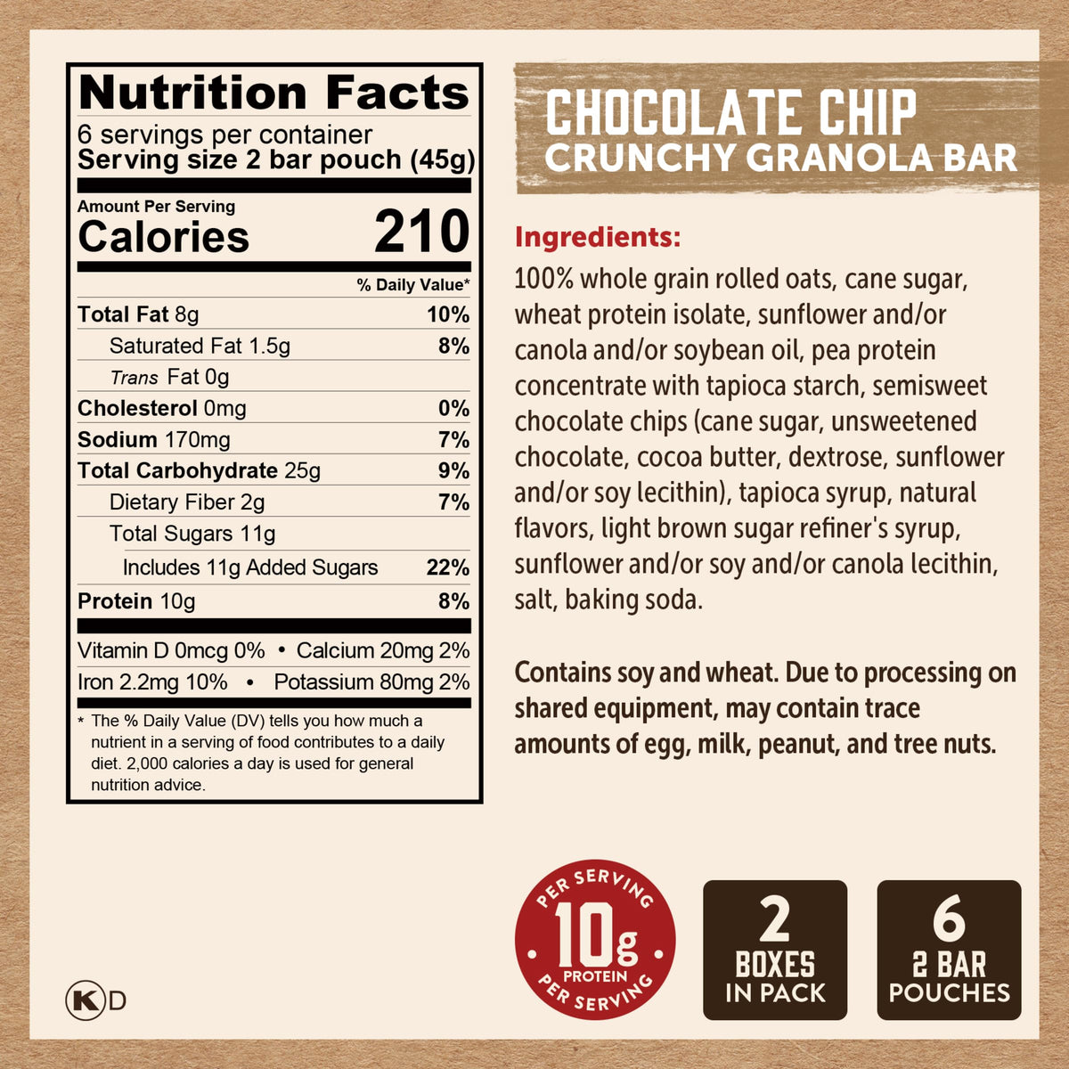 Kodiak Cakes Crunchy Granola Bar Variety Pack – Peanut Butter & Chocolate Chip (10g Protein per Bar) | 24 Pouches