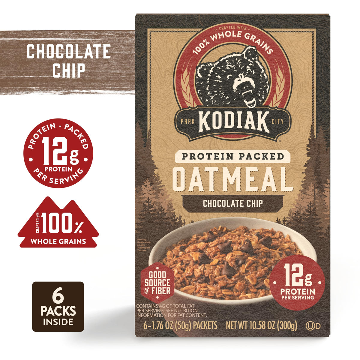 Kodiak Cakes Instant Oatmeal Packets – Chocolate Chip, 12g Protein, 100% Whole Grains (6 Boxes)