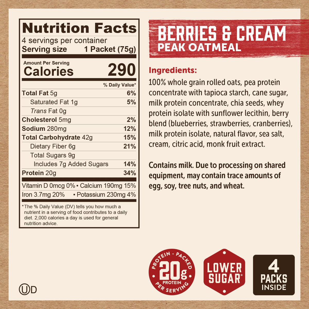 Kodiak Cakes Peak Oatmeal Packets – Berries & Cream, 20g Protein, 100% Whole Grains, 24-Pack