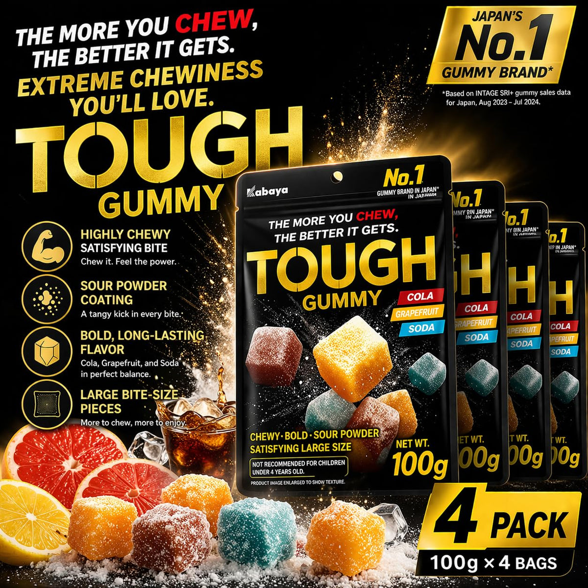 KONBINI JAPAN Tough Gummy Mixed Flavors — 3.5 oz (100g) Pack of 4 | Unique Chewy Japanese Candy
