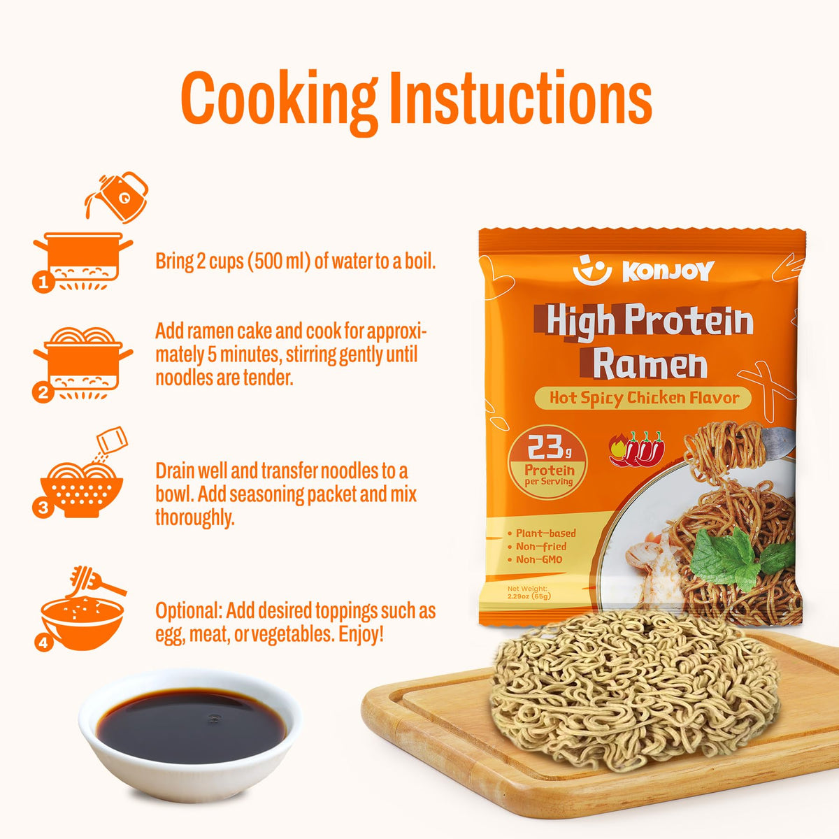 KONJOY High Protein Ramen Noodles – Hot Spicy Chicken, 23g Plant-Based Protein, 5-Pack