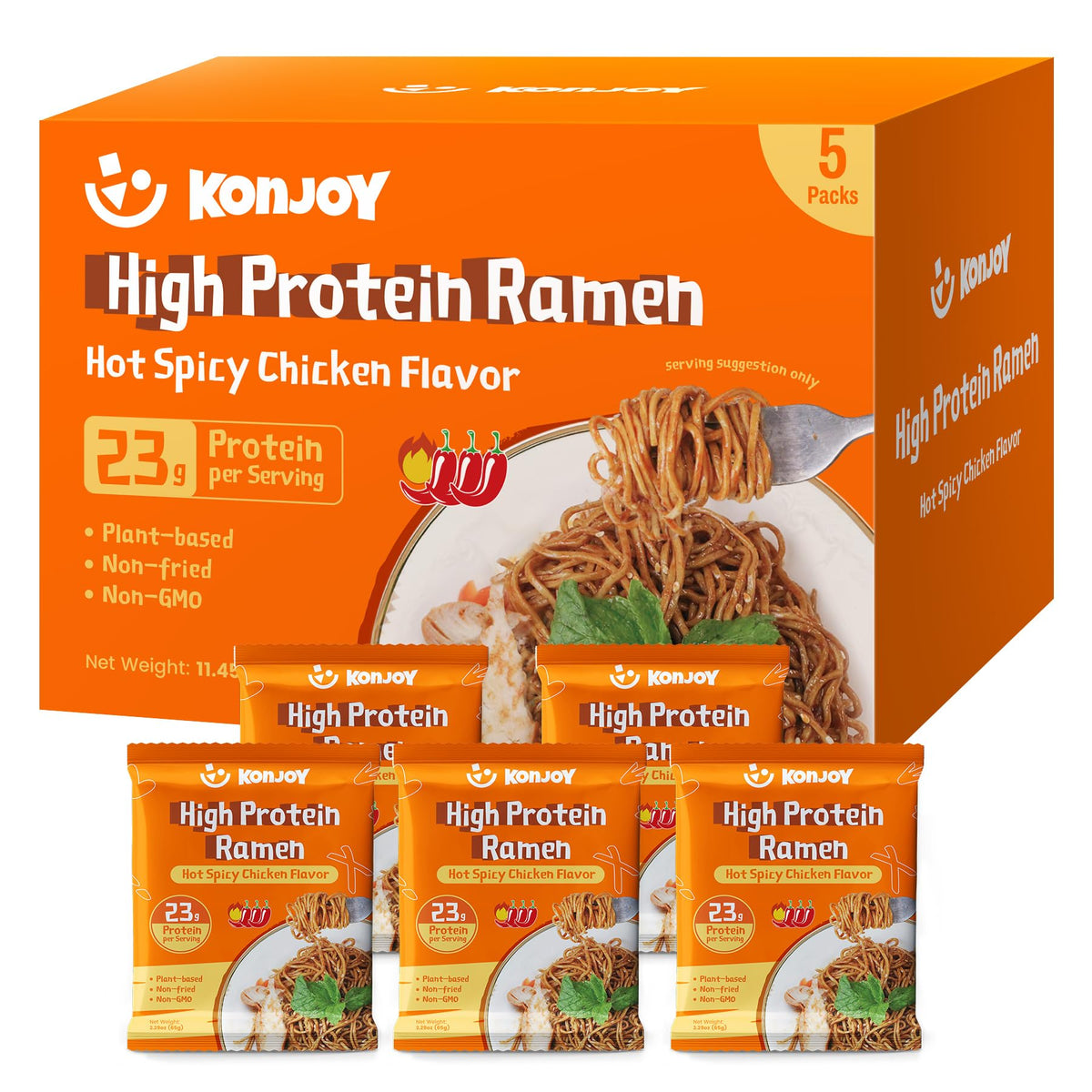 KONJOY High Protein Ramen Noodles – Hot Spicy Chicken, 23g Plant-Based Protein, 5-Pack