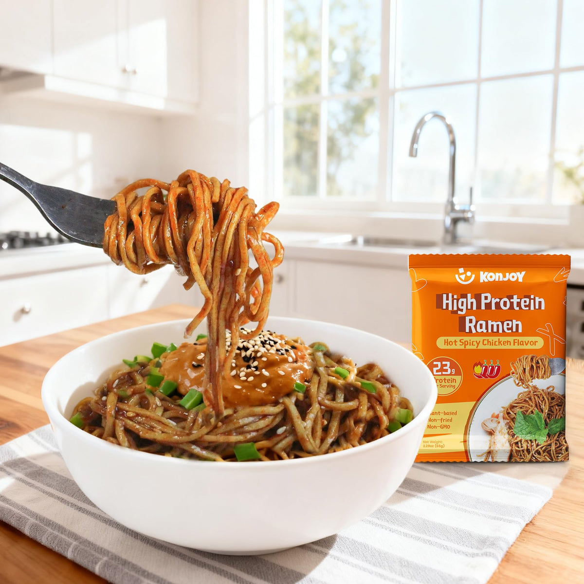 KONJOY High Protein Ramen Noodles – Hot Spicy Chicken, 23g Plant-Based Protein, 5-Pack