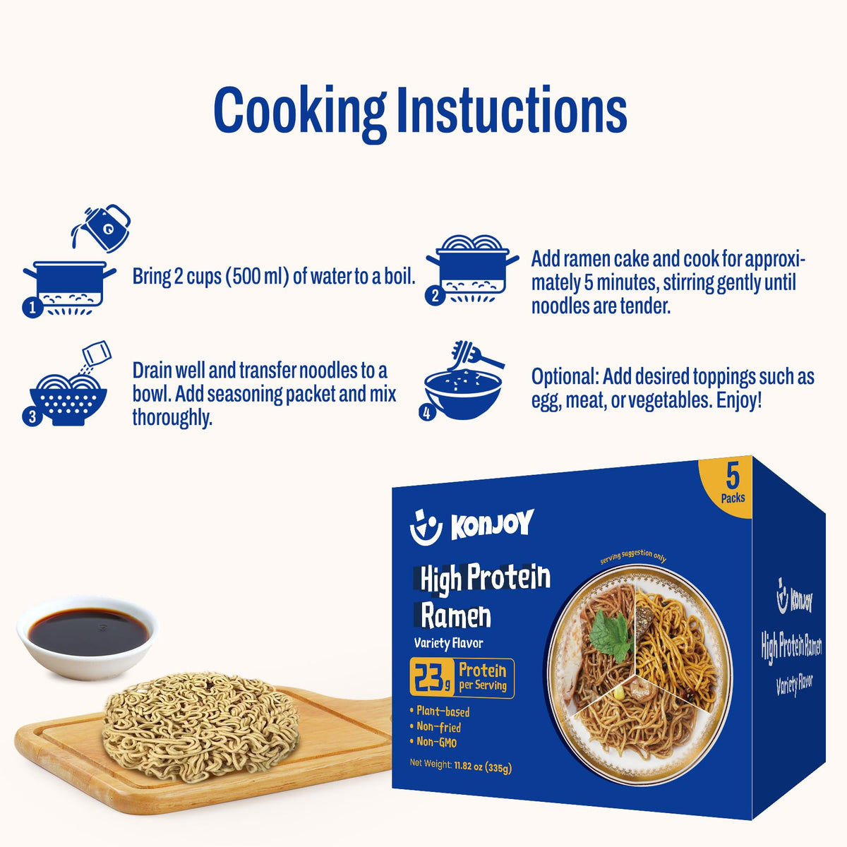 KONJOY Protein Ramen Variety Pack – 23g Plant-Based, Non-Fried, 5-Pack