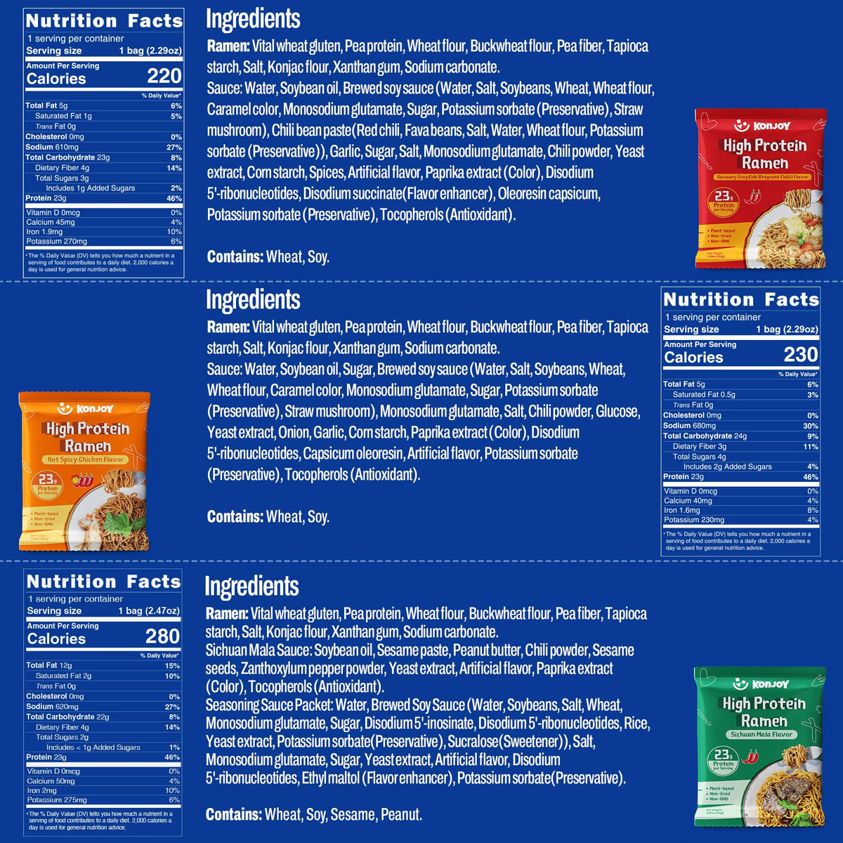 KONJOY Protein Ramen Variety Pack – 23g Plant-Based, Non-Fried, 5-Pack