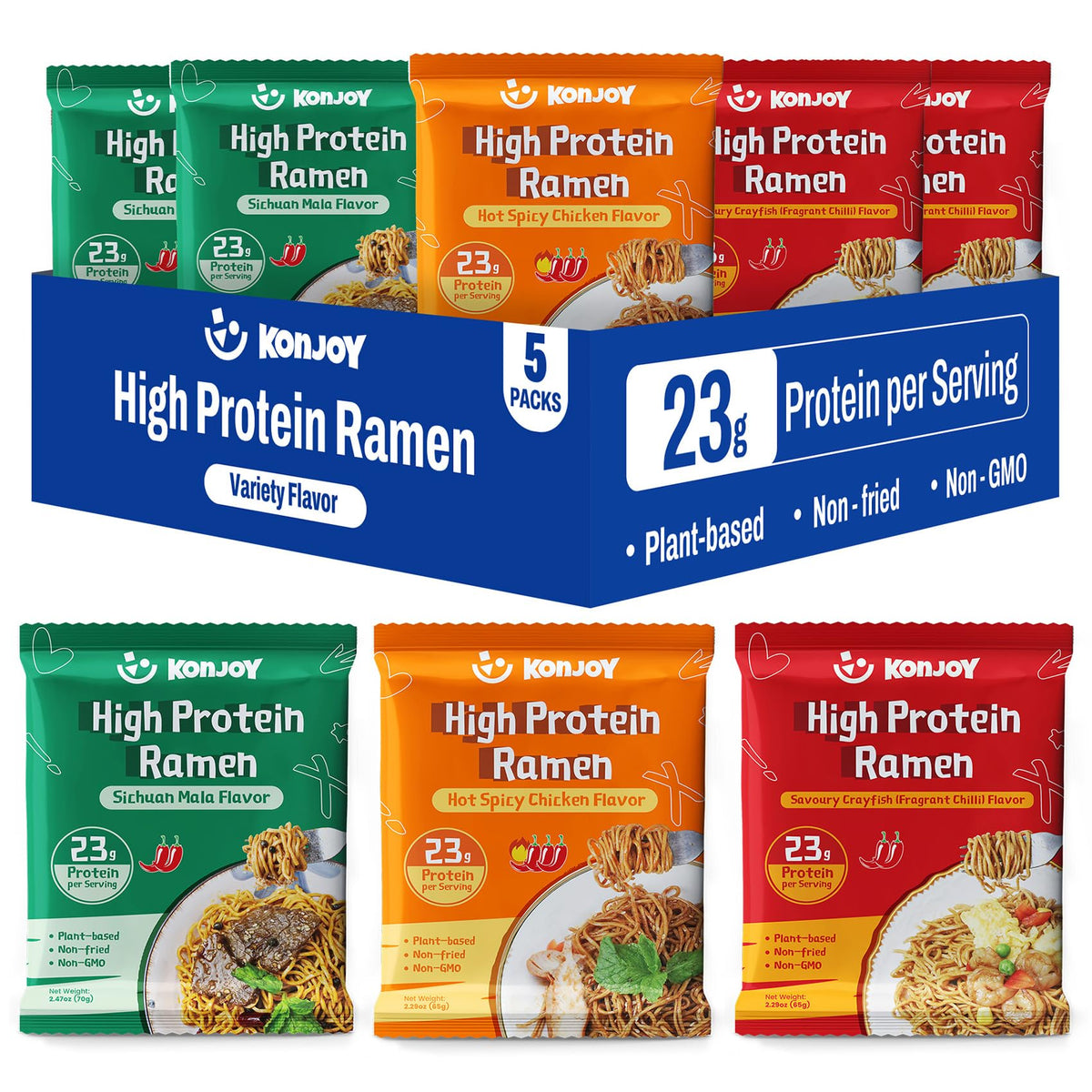 KONJOY Protein Ramen Variety Pack – 23g Plant-Based, Non-Fried, 5-Pack