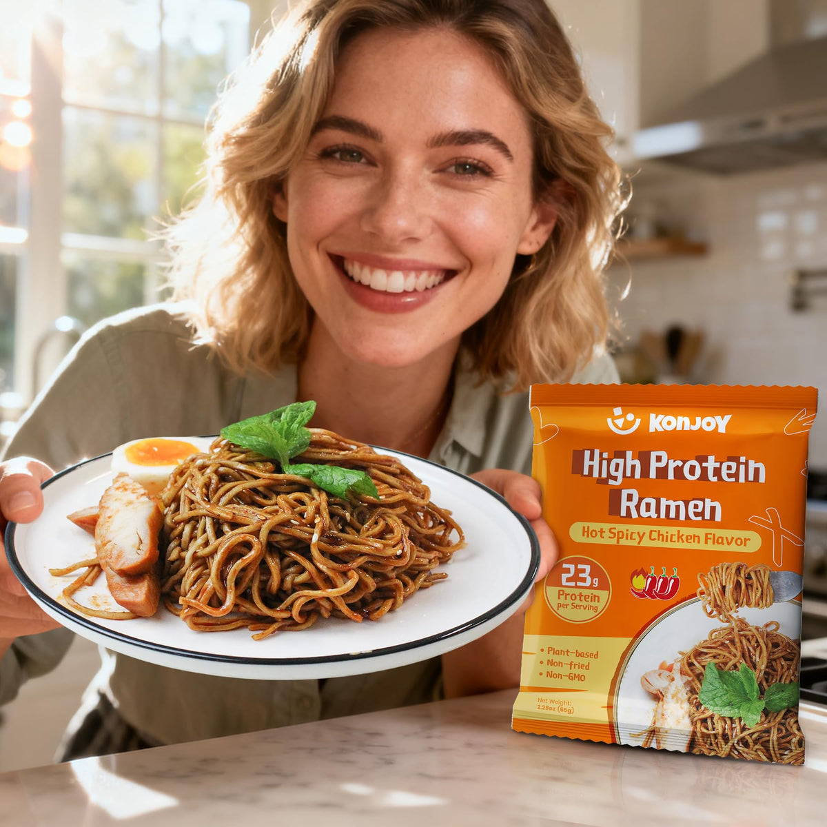 KONJOY High Protein Ramen Noodles – Hot Spicy Chicken, 23g Plant-Based Protein, 5-Pack