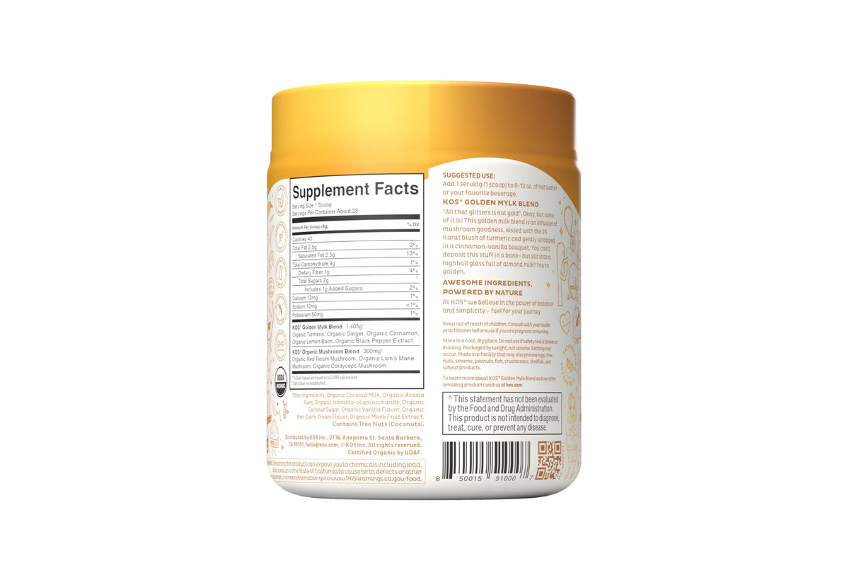 KOS Golden Mylk with Turmeric & Ginger – Organic Superfood Latte Powder, Caffeine Free, Vegan, 28 Servings