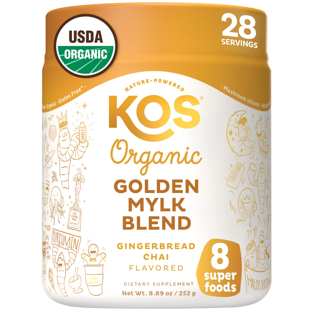 KOS Golden Mylk with Turmeric & Ginger – Organic Superfood Latte Powder, Caffeine Free, Vegan, 28 Servings