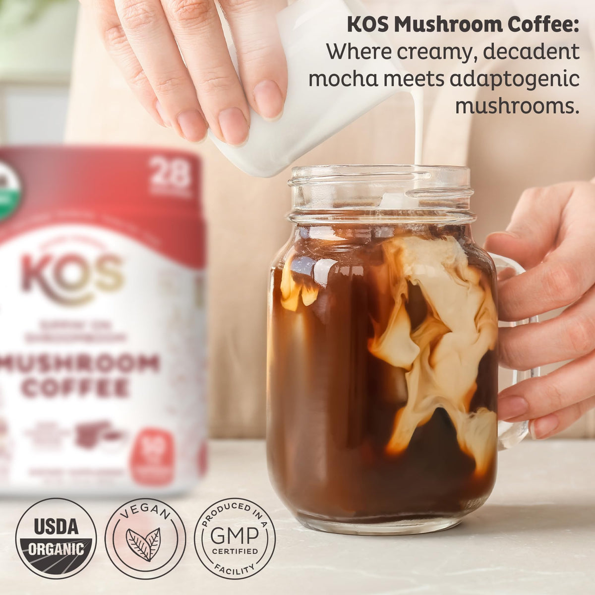 KOS Mushroom Coffee – USDA Organic Dark Chocolate Mocha with Reishi, Cordyceps, Lion’s Mane & Chaga