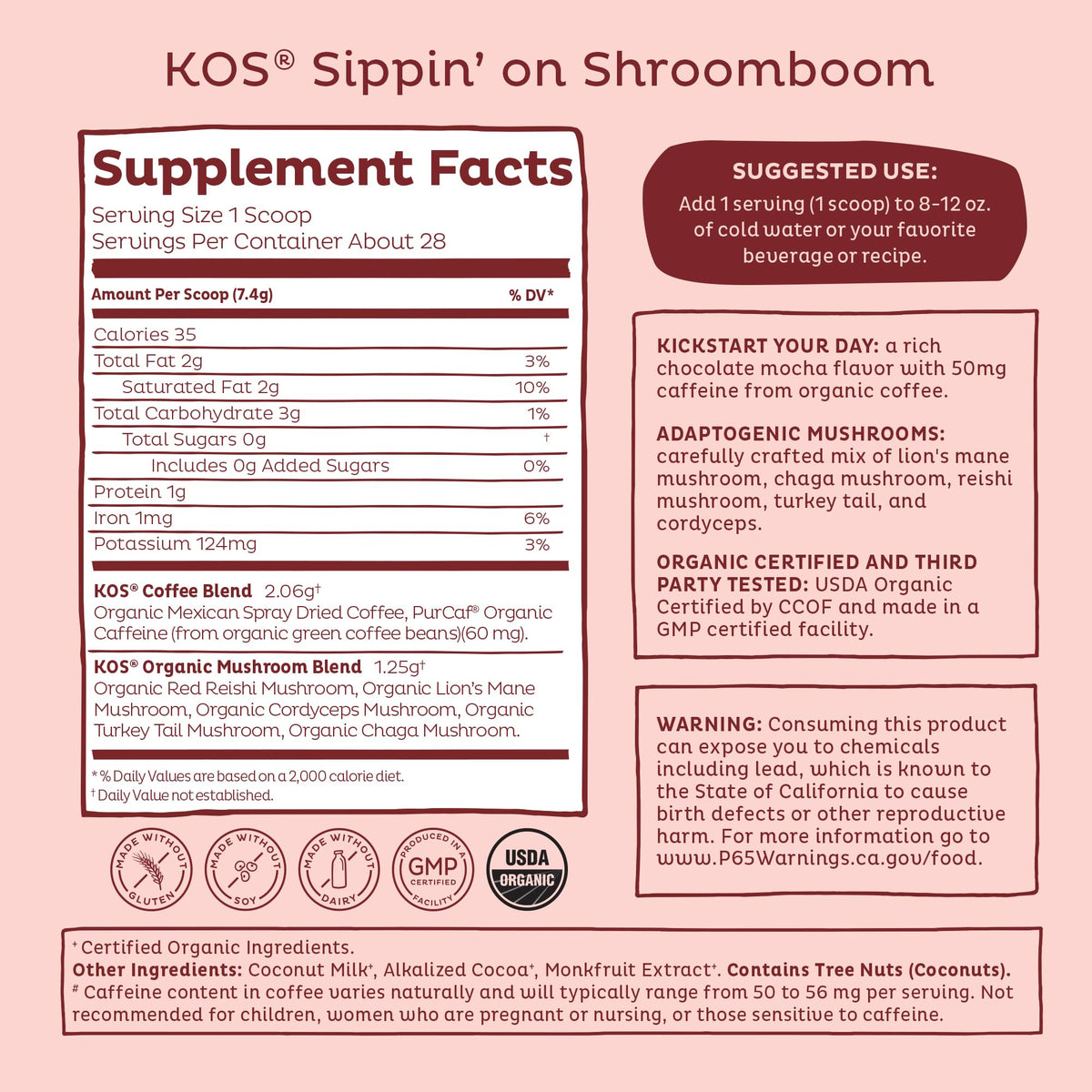 KOS Mushroom Coffee – USDA Organic Dark Chocolate Mocha with Reishi, Cordyceps, Lion’s Mane & Chaga