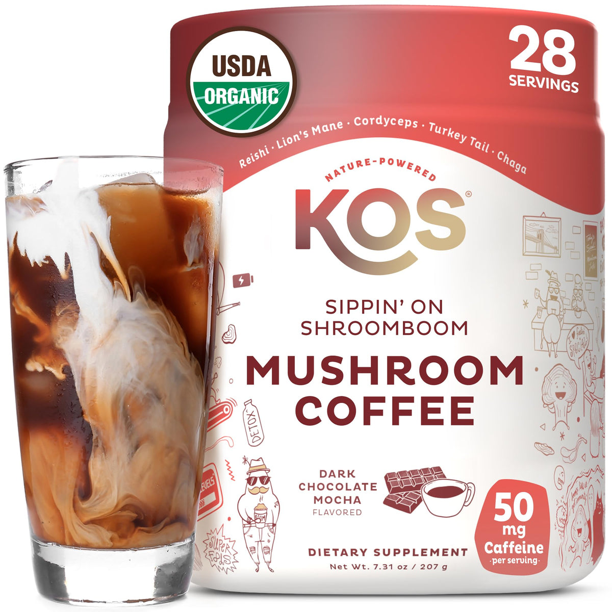 KOS Mushroom Coffee – USDA Organic Dark Chocolate Mocha with Reishi, Cordyceps, Lion’s Mane & Chaga