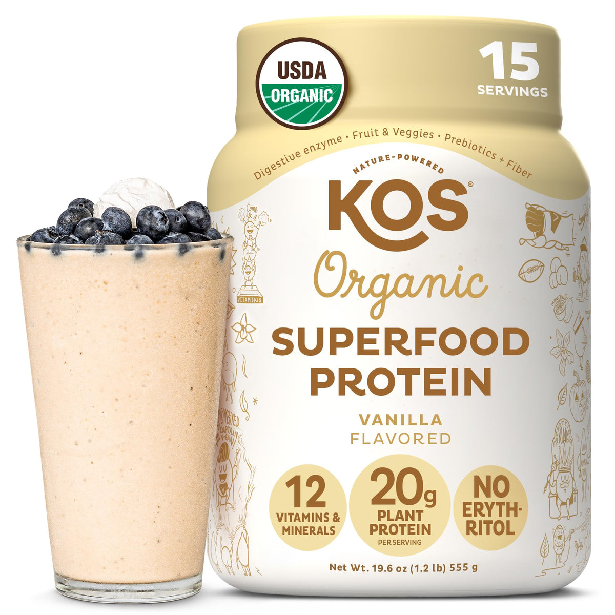 KOS Vegan Protein Powder Erythritol Free, Vanilla – USDA Organic Pea Protein Blend, 15 Servings
