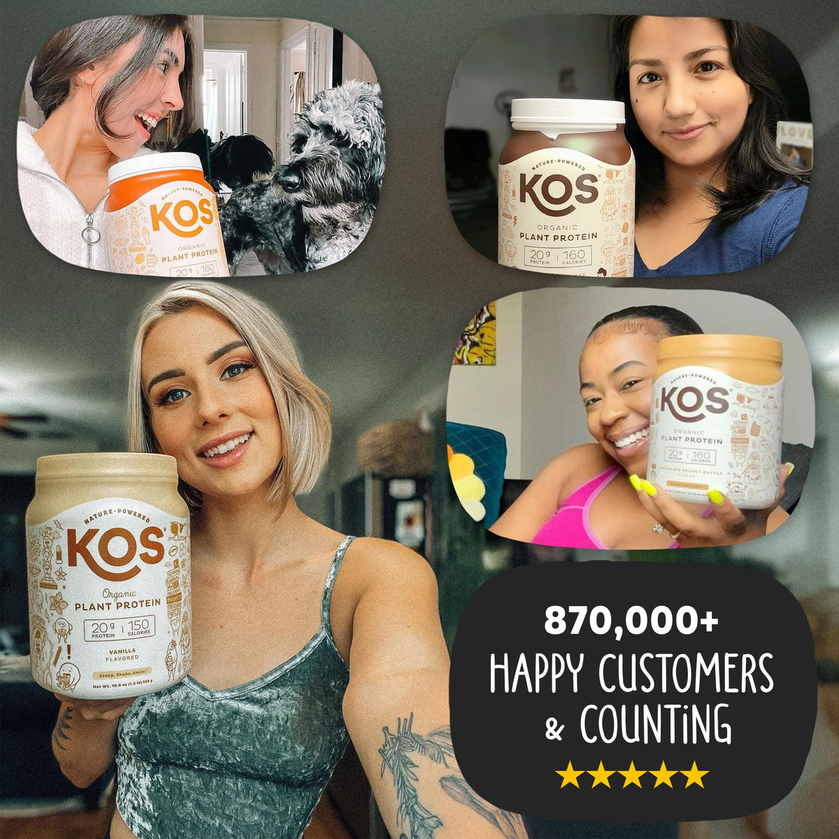 KOS Vegan Protein Powder Erythritol Free, Vanilla – USDA Organic Pea Protein Blend, 15 Servings