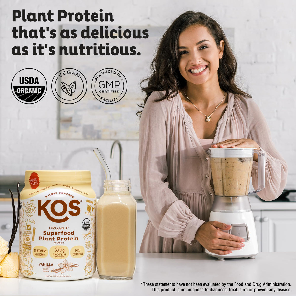 KOS Vegan Protein Powder Erythritol Free, Vanilla – USDA Organic Pea Protein Blend, 15 Servings