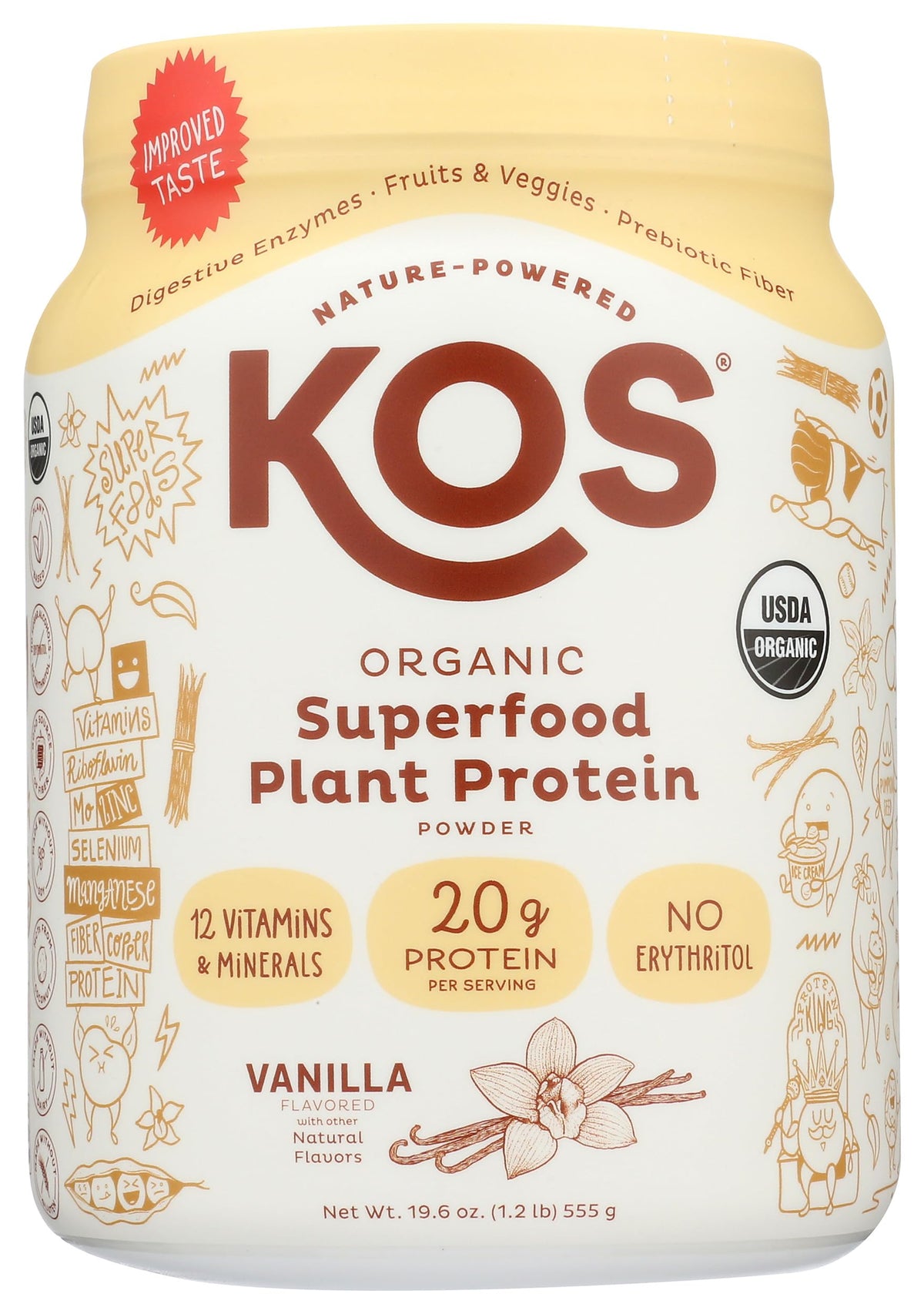 KOS Vegan Protein Powder Erythritol Free, Vanilla – USDA Organic Pea Protein Blend, 15 Servings