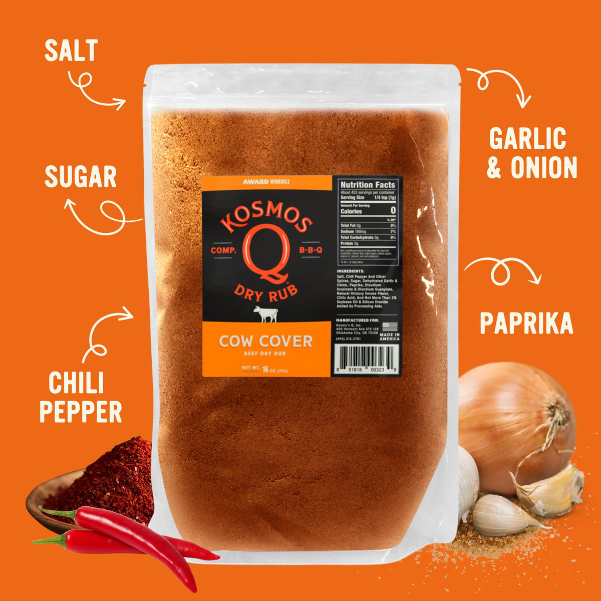 Kosmos Q Cow Cover BBQ Dry Rub – Smoky Beef Seasoning for Steak & More (16 oz)
