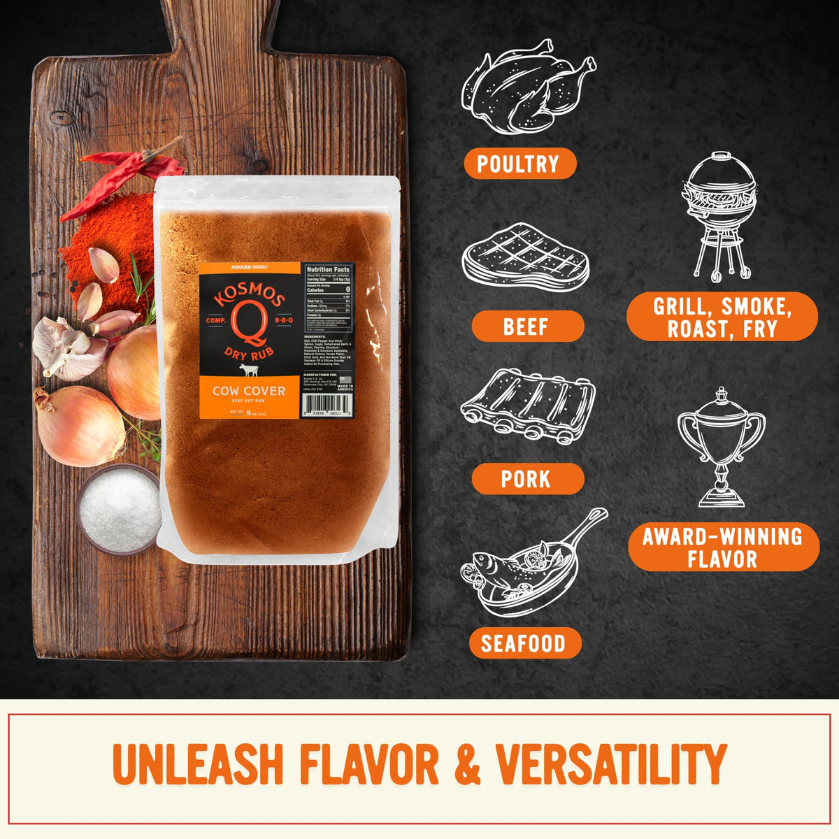 Kosmos Q Cow Cover BBQ Dry Rub – Smoky Beef Seasoning for Steak & More (16 oz)