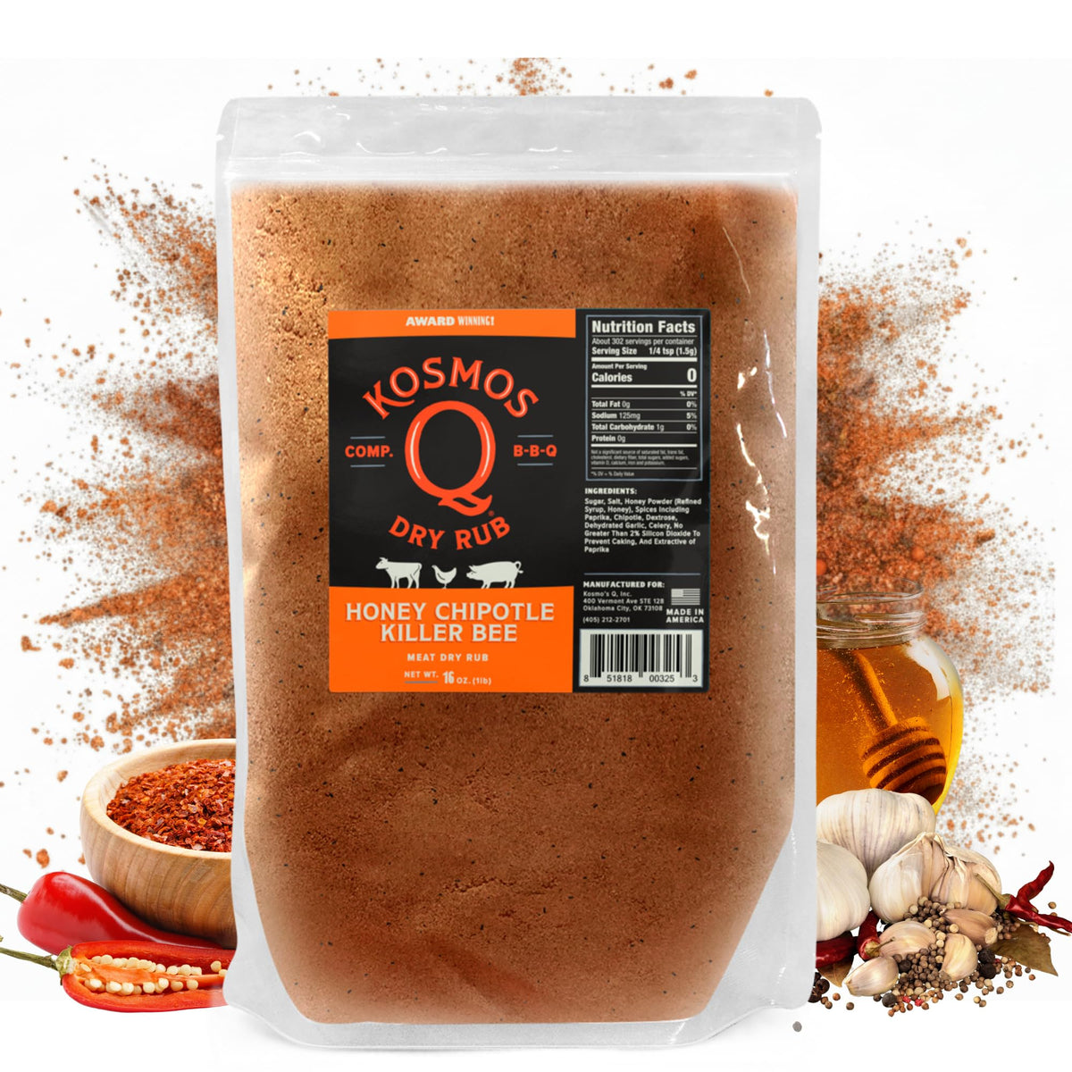 Kosmos Q Honey Chipotle Killer Bee BBQ Dry Rub – Sweet Heat, 16 oz