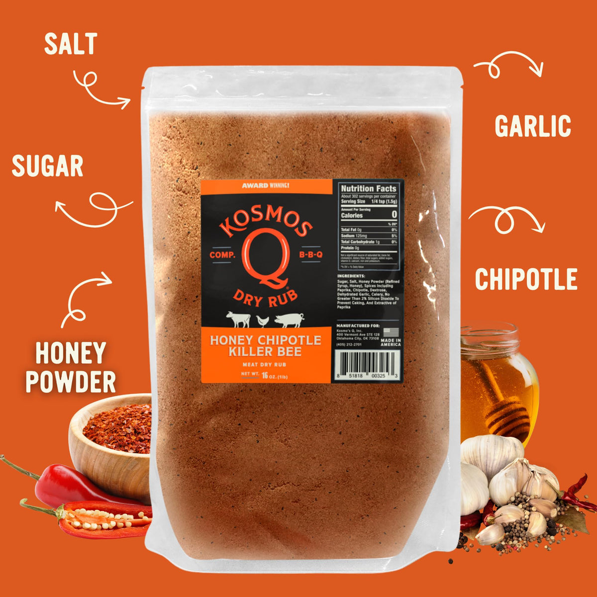 Kosmos Q Honey Chipotle Killer Bee BBQ Dry Rub – Sweet Heat, 16 oz