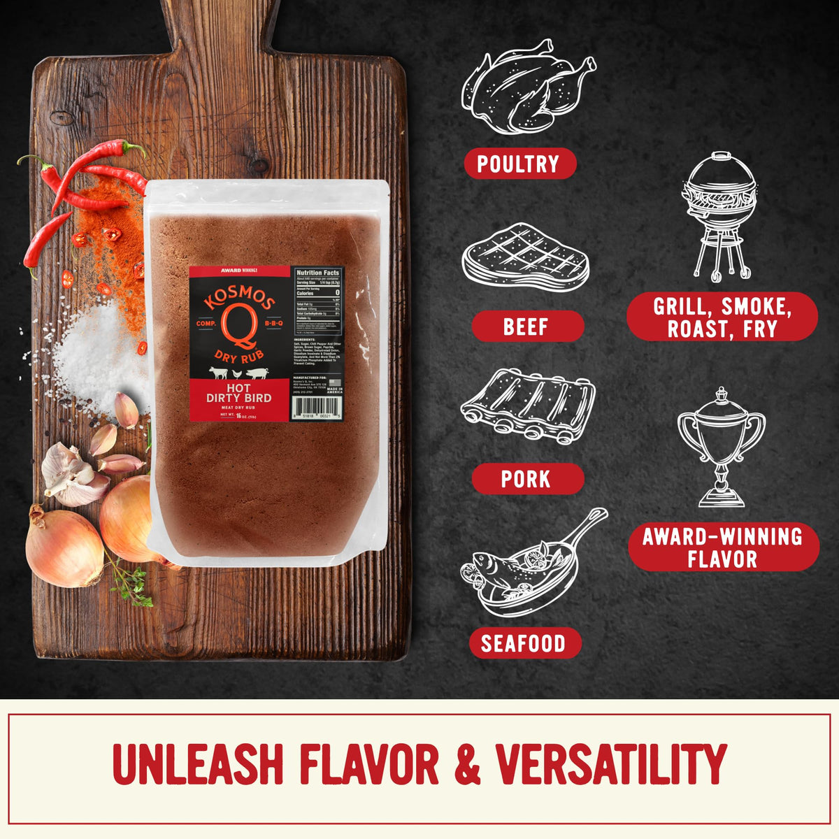 Kosmos Q Hot Dirty Bird BBQ Dry Rub – Spicy Seasoning for Chicken, Turkey, Ribs & Pork (16 oz)