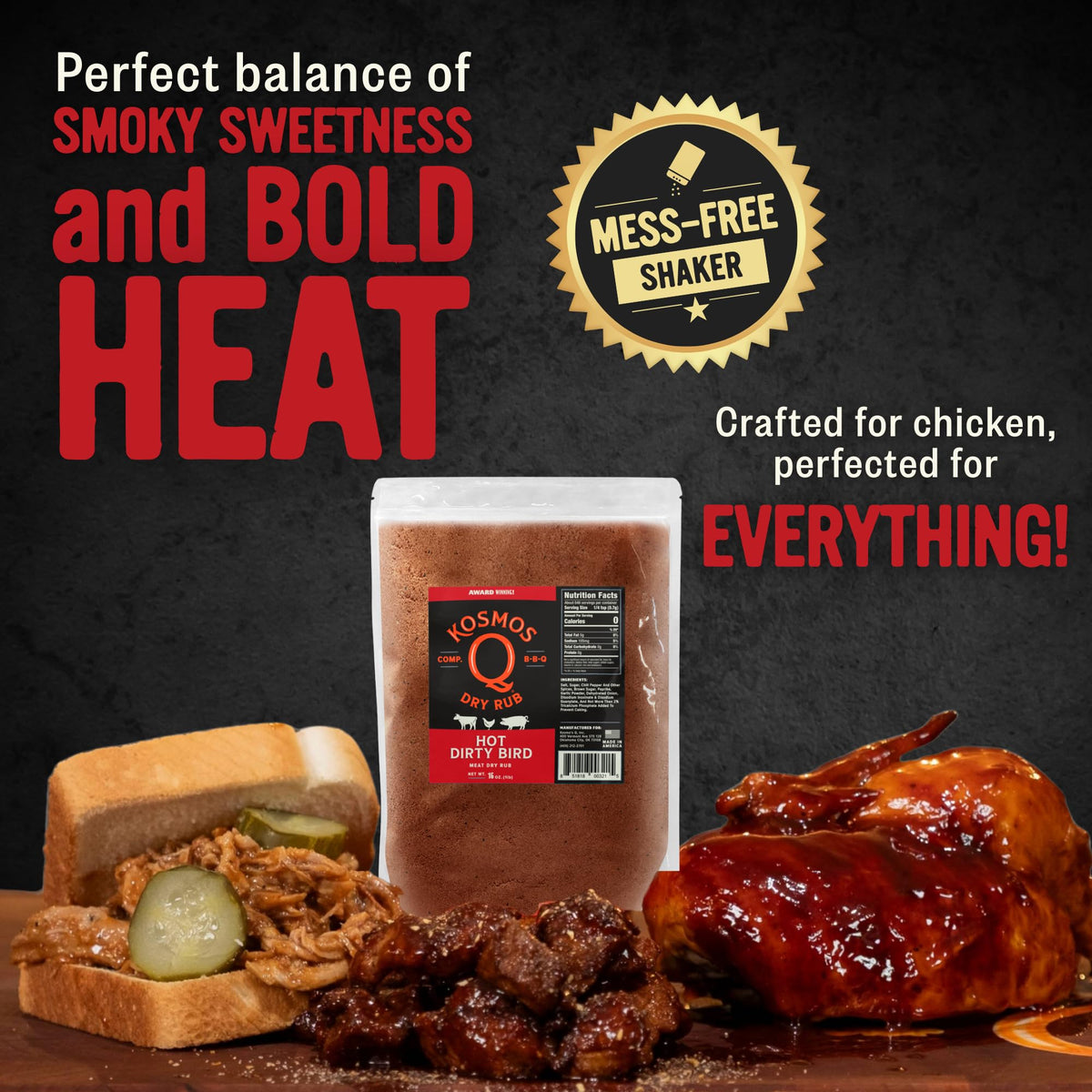 Kosmos Q Hot Dirty Bird BBQ Dry Rub – Spicy Seasoning for Chicken, Turkey, Ribs & Pork (16 oz)