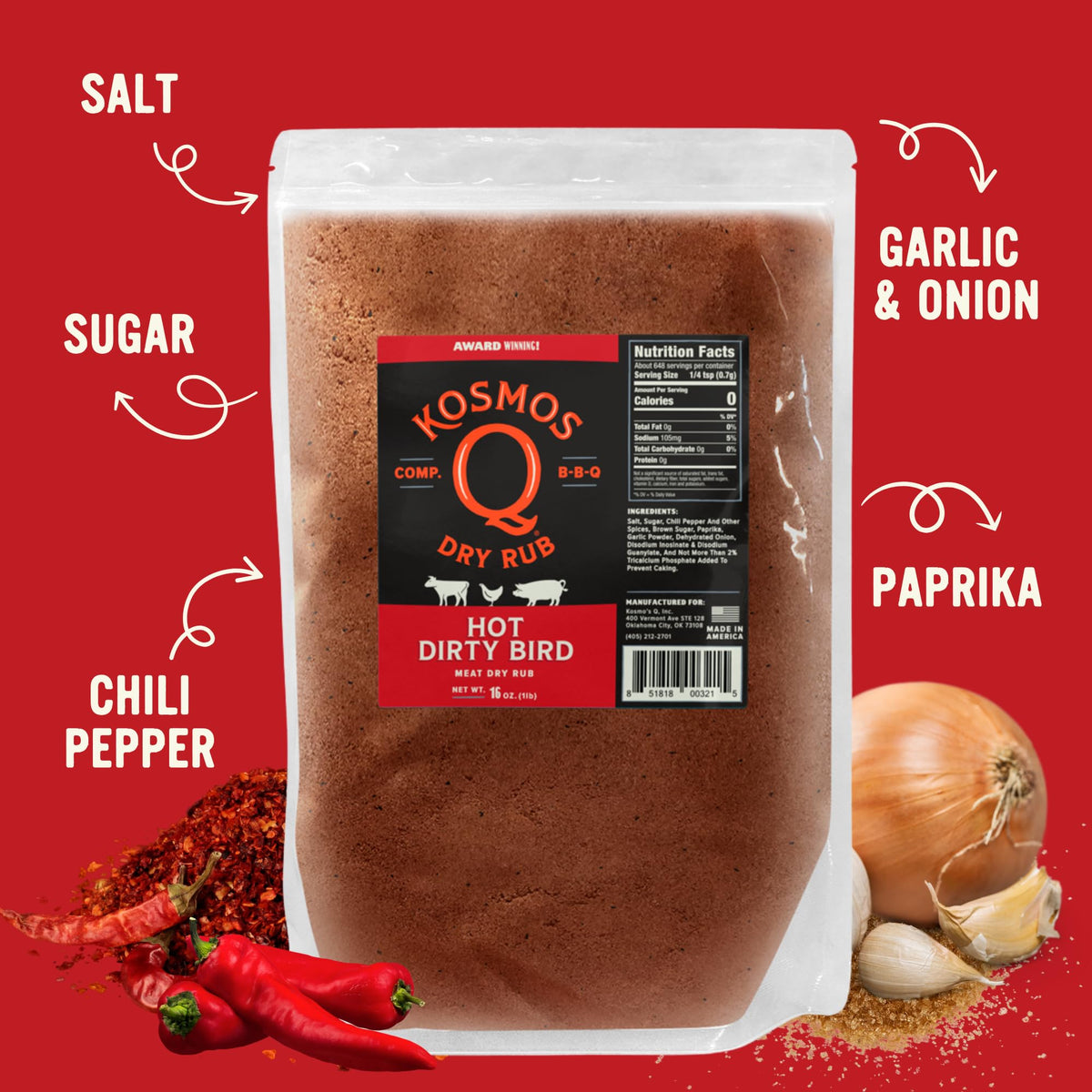 Kosmos Q Hot Dirty Bird BBQ Dry Rub – Spicy Seasoning for Chicken, Turkey, Ribs & Pork (16 oz)