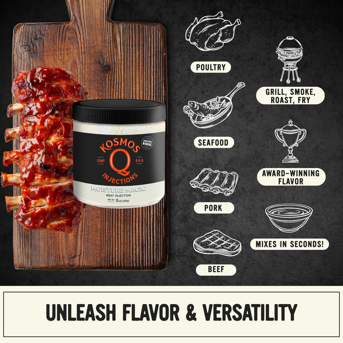 Kosmos Q Moisture Magic BBQ Injection – Phosphate Marinade for Juicy Meat, Gluten Free, 16 oz