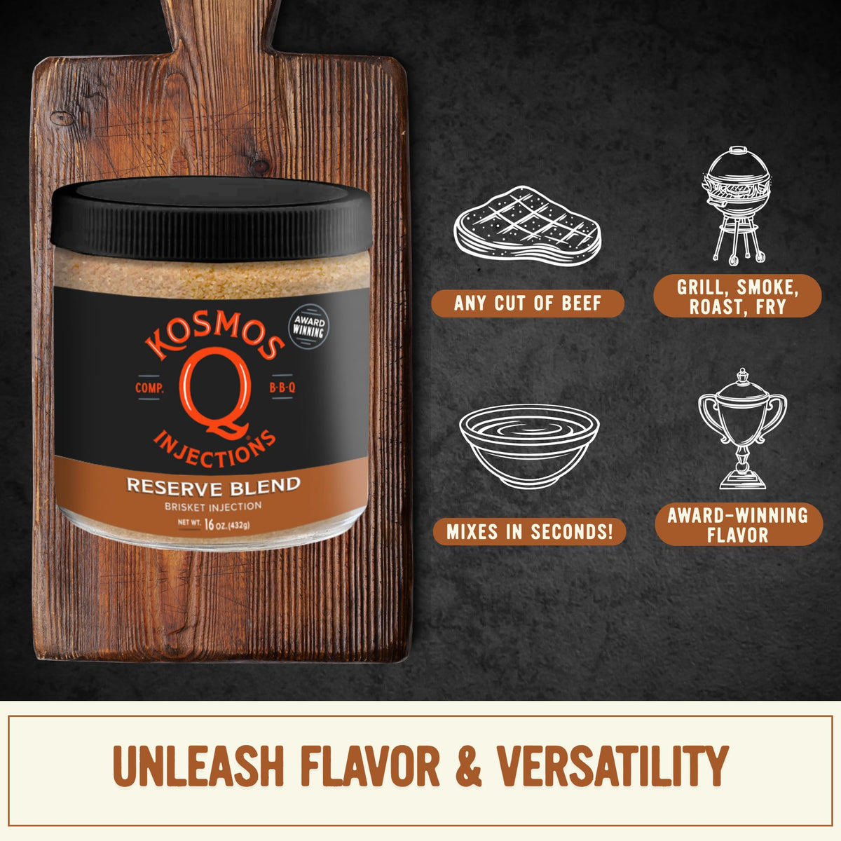 Kosmos Q Reserve Blend Brisket Injection — Premium Moisture-Boosting BBQ Marinade, Gluten Free, 16 oz