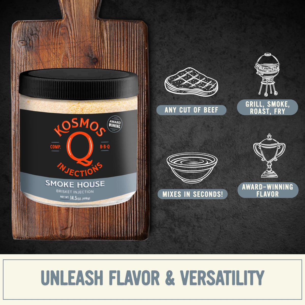 Kosmos Q Smoke House Reserve Blend Injection – Smoky Mesquite Flavor for Brisket & Beef (16 oz)