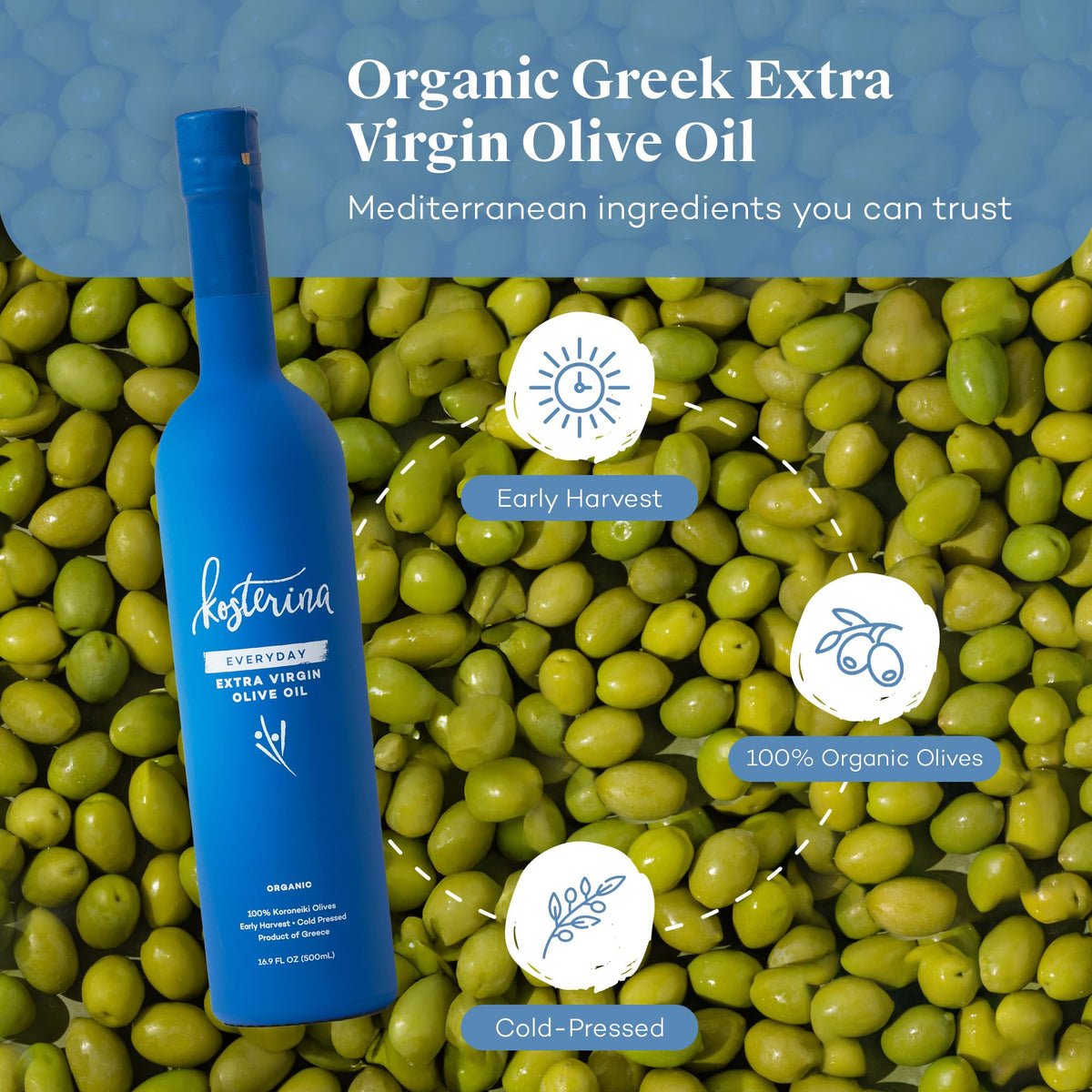 Kosterina Everyday Organic EVOO – High-Heat Greek Olive Oil, 16.9 oz (Koroneiki)