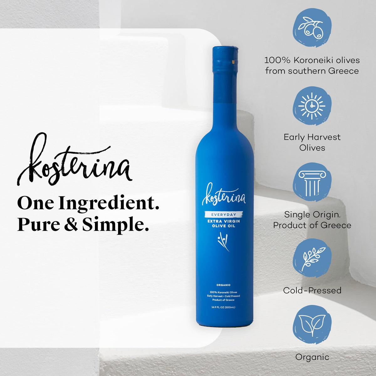 Kosterina Everyday Organic EVOO – High-Heat Greek Olive Oil, 16.9 oz (Koroneiki)