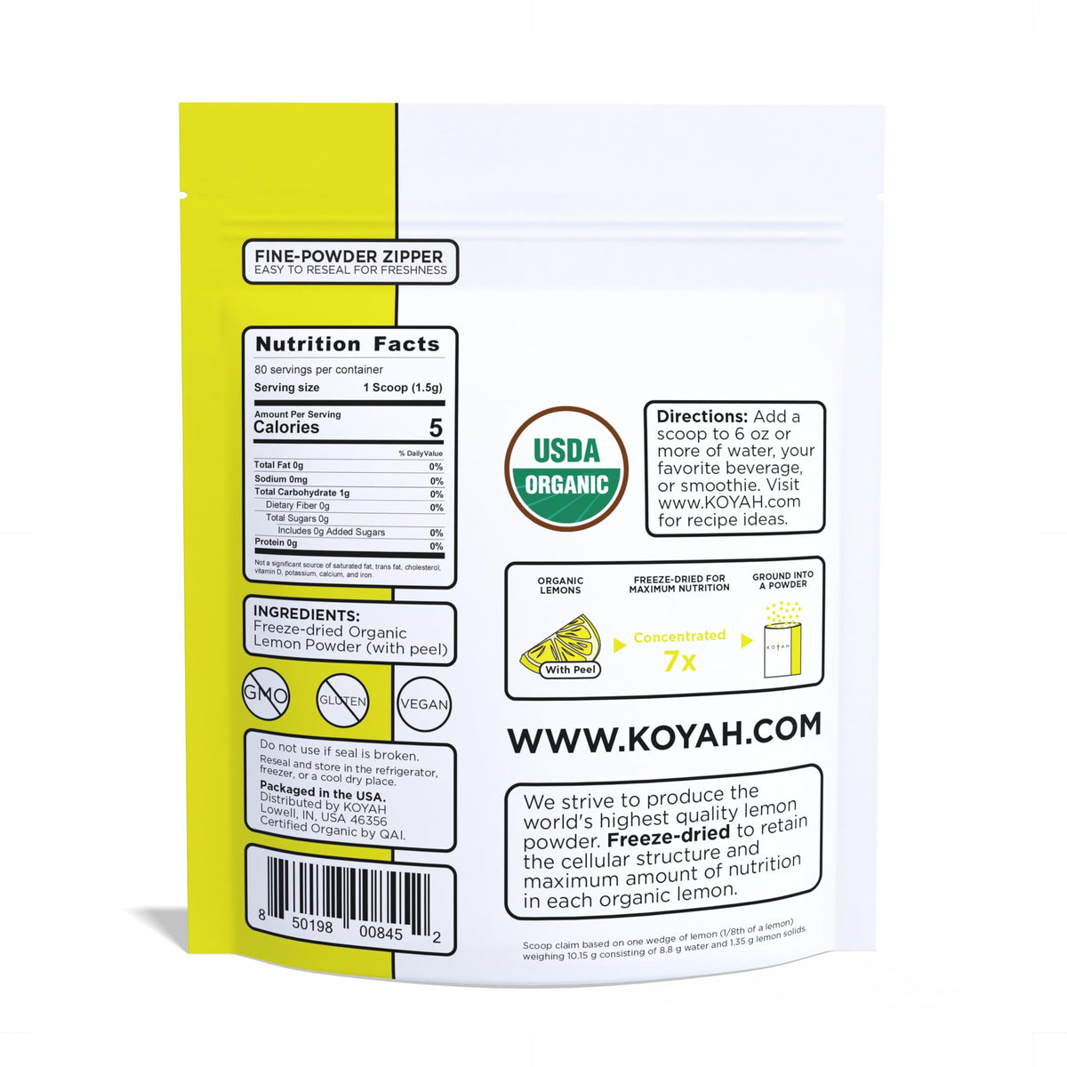 KOYAH Organic Lemon Powder with Peel – 80 Servings, Freeze-Dried, USA & Mexico Lemons